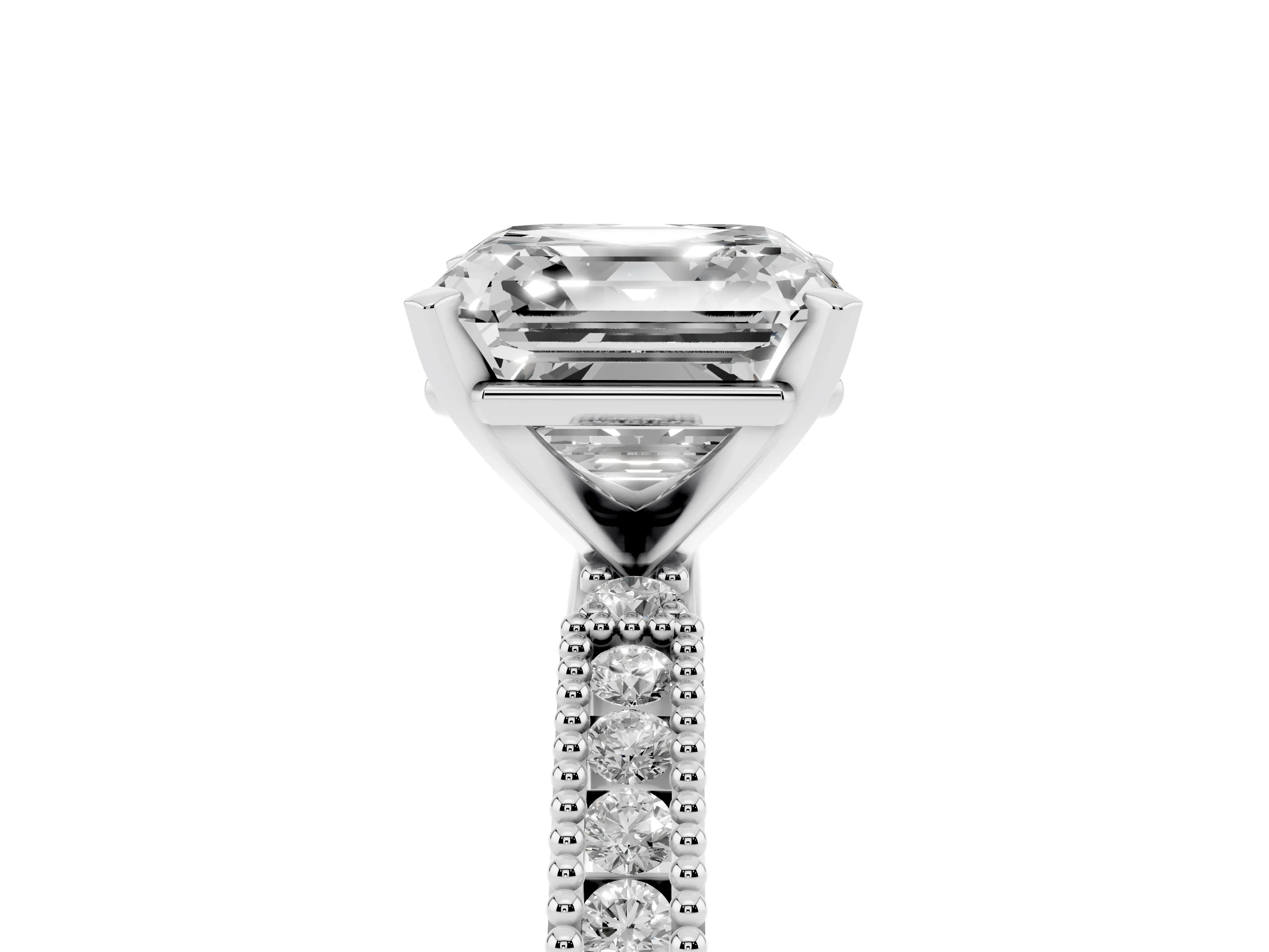 Asscher Cut Diamond Solitaire Ring Set in Silver with Slim Pavé Band and Prong Setting