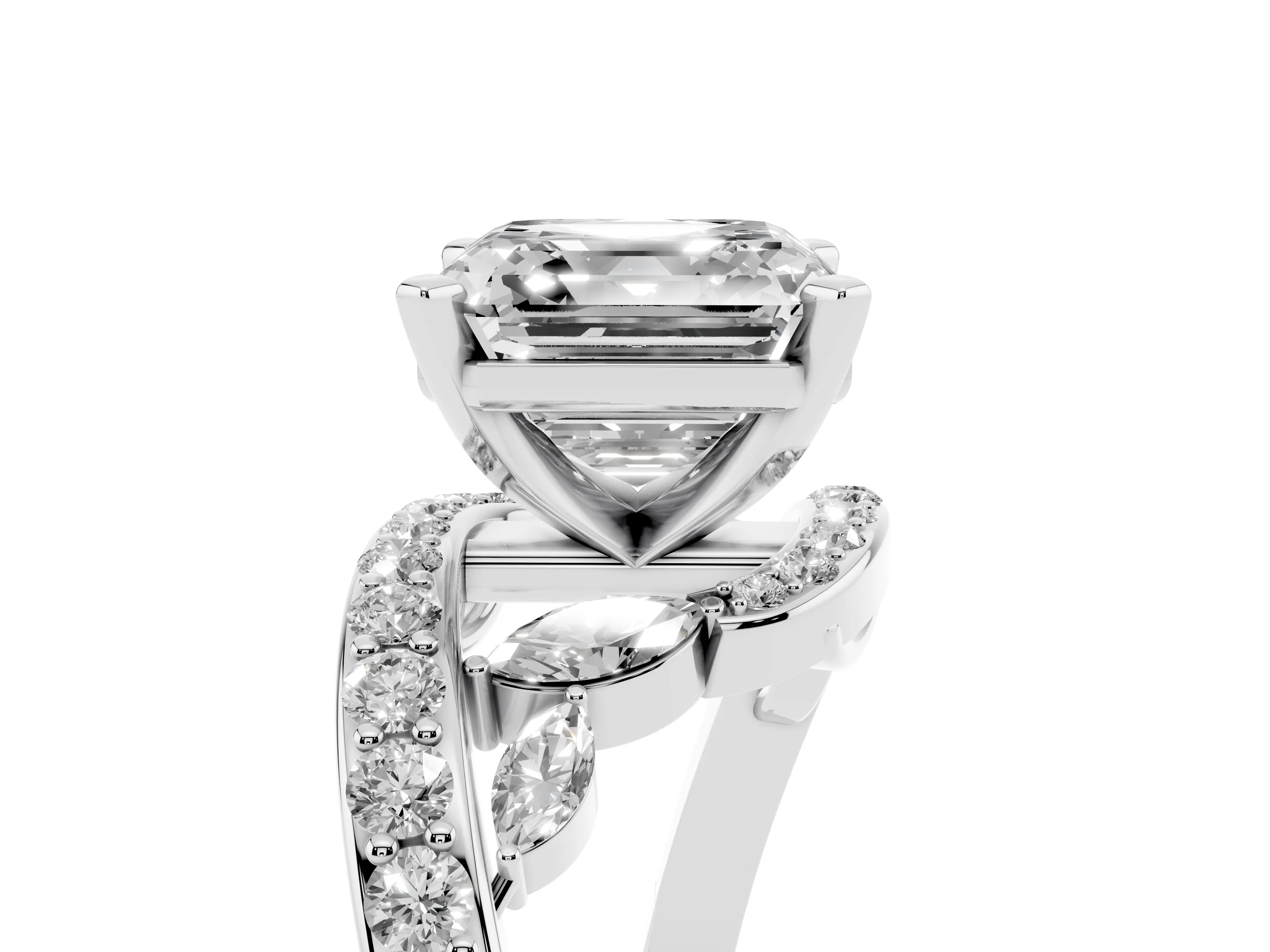 Asscher Cut Diamond Solitaire Ring Set in White gold with Pavé Twist Band and Secure Prong Setting