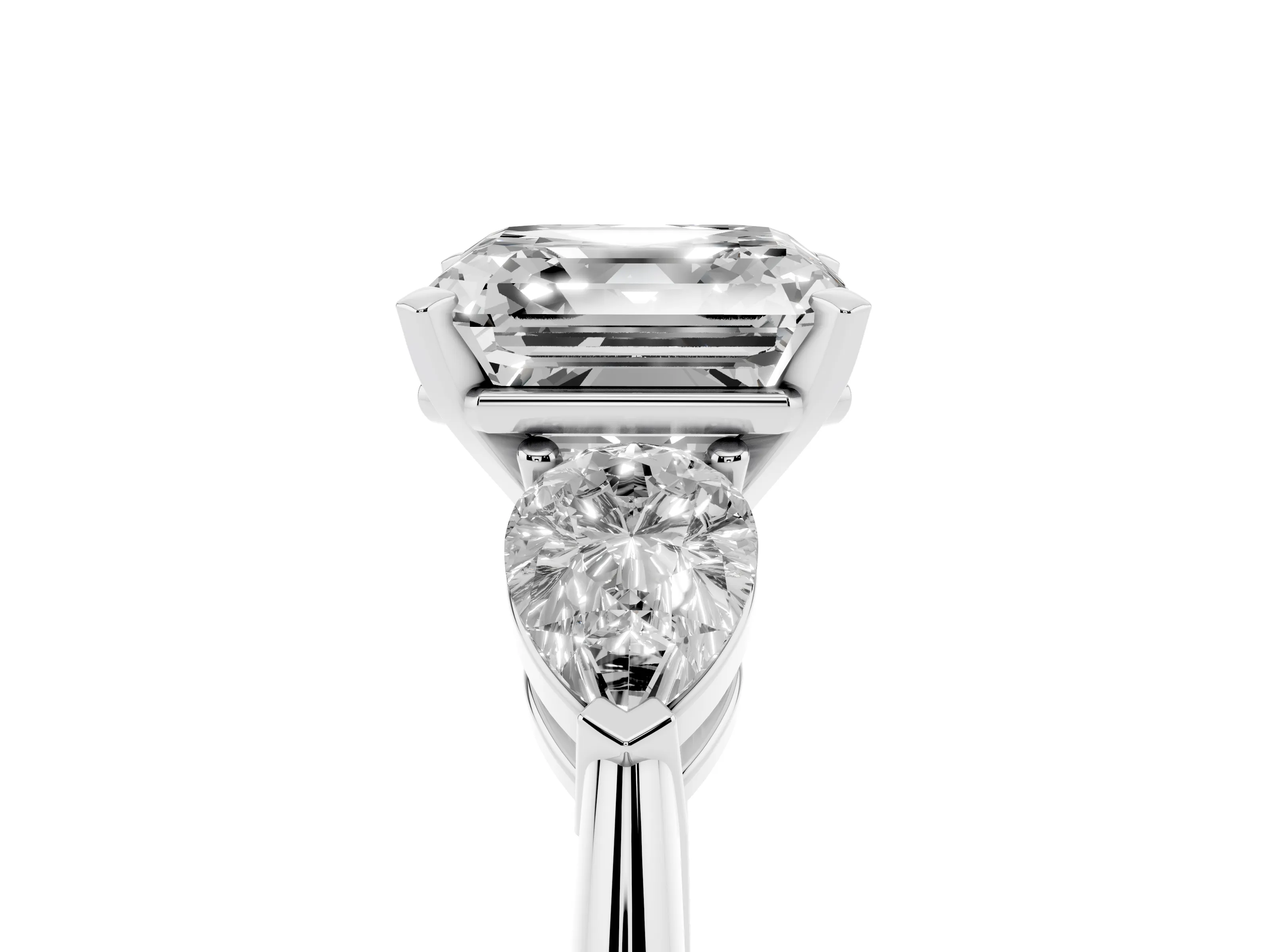 Three-Stone Asscher Cut Diamond Ring Set in Silver with Pear Side Stones and Prong Setting