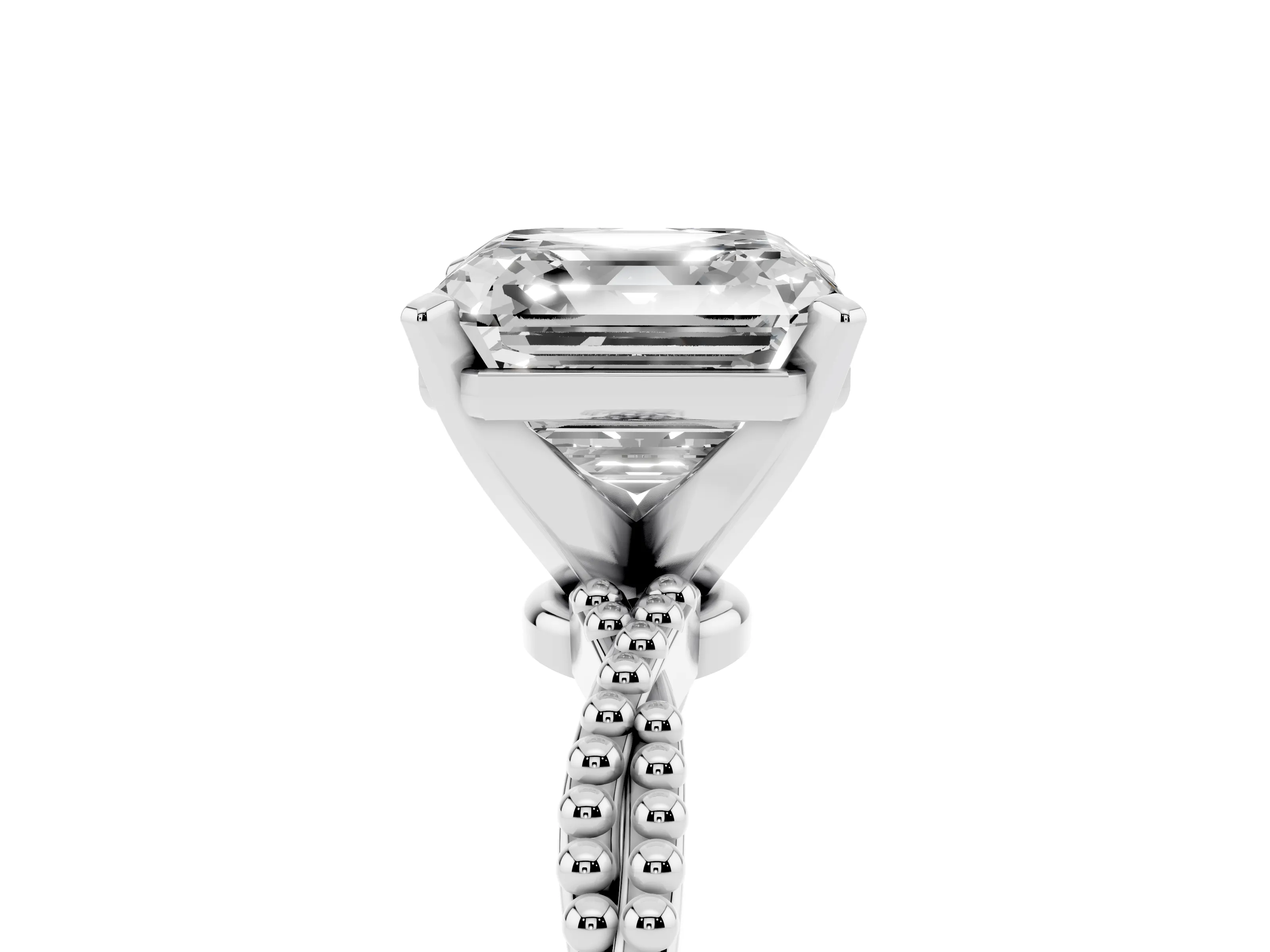 Asscher Cut Diamond Solitaire Ring Set in Platinum with Twisted Band and Bead Prong Setting