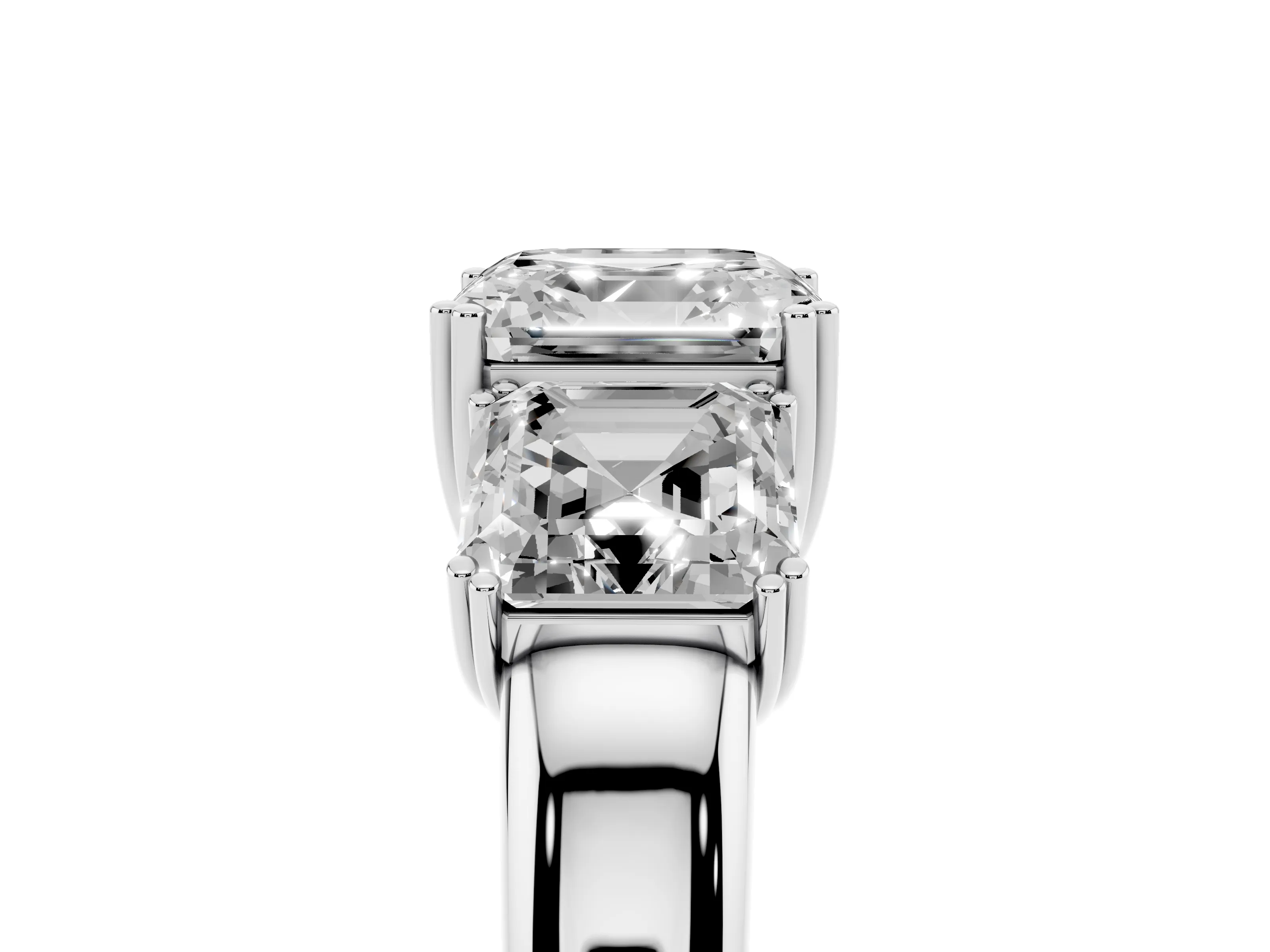 Asscher Cut Diamond Three-Stone Ring Set in Silver with Polished Band and Prong Setting