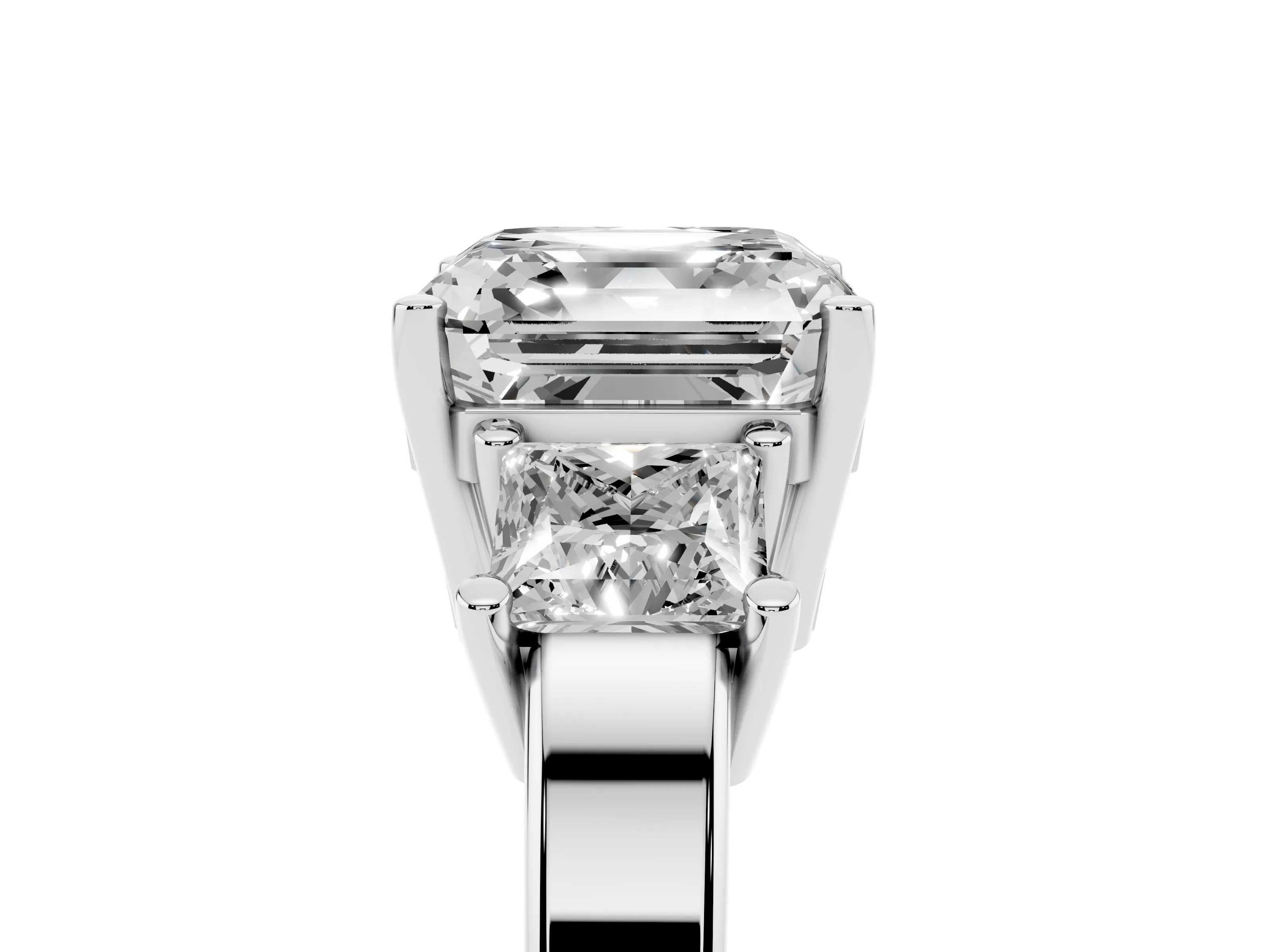 Three-Stone Asscher Cut Diamond Solitaire Ring Set in Platinum with Prong Setting