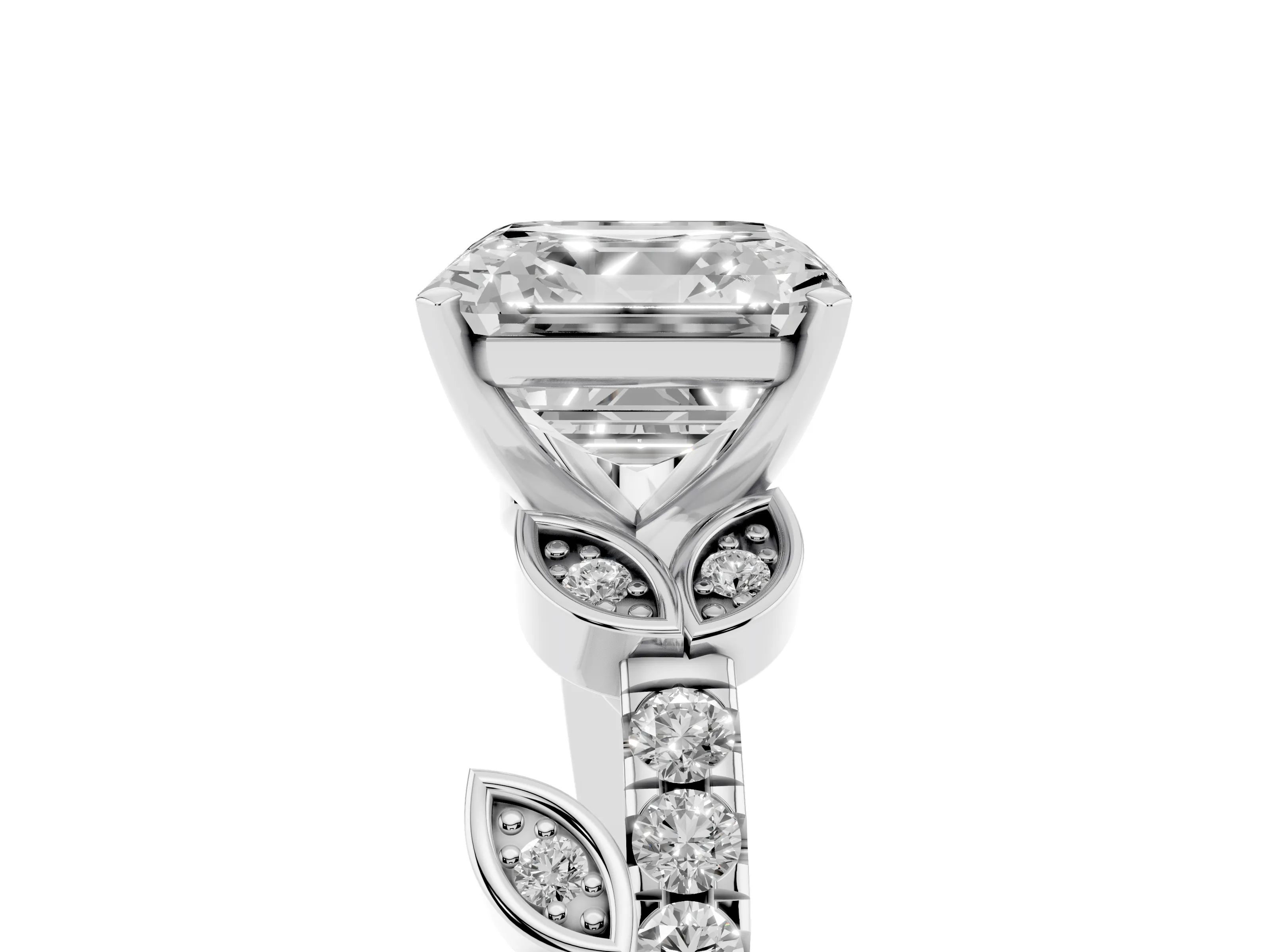 Asscher Cut Diamond Solitaire Leaf-Inspired Ring Set in Platinum with Pavé Band and Prong Setting