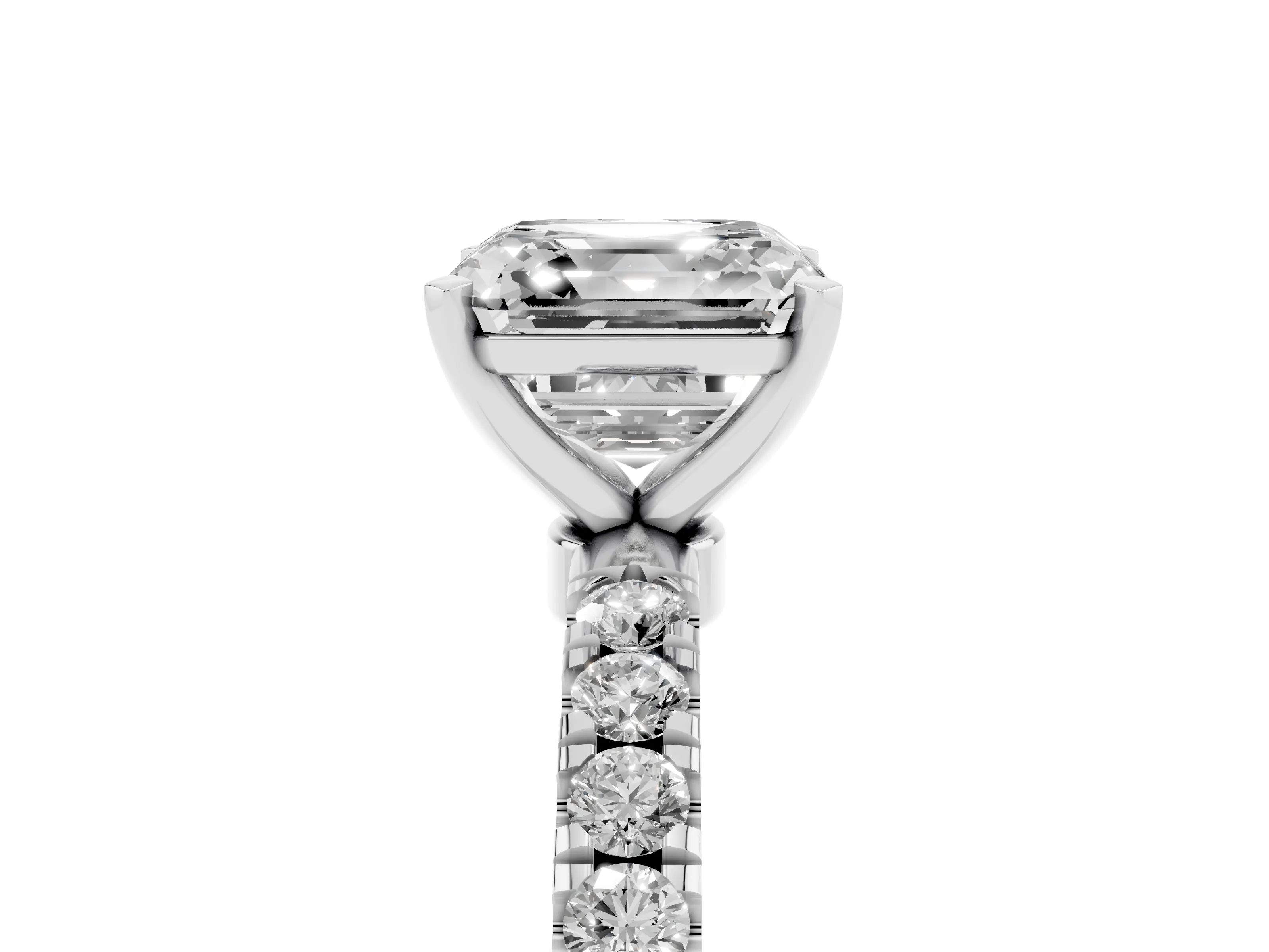 Asscher Cut Diamond Solitaire Ring Set in Platinum with Pavé Accents and Prong Setting