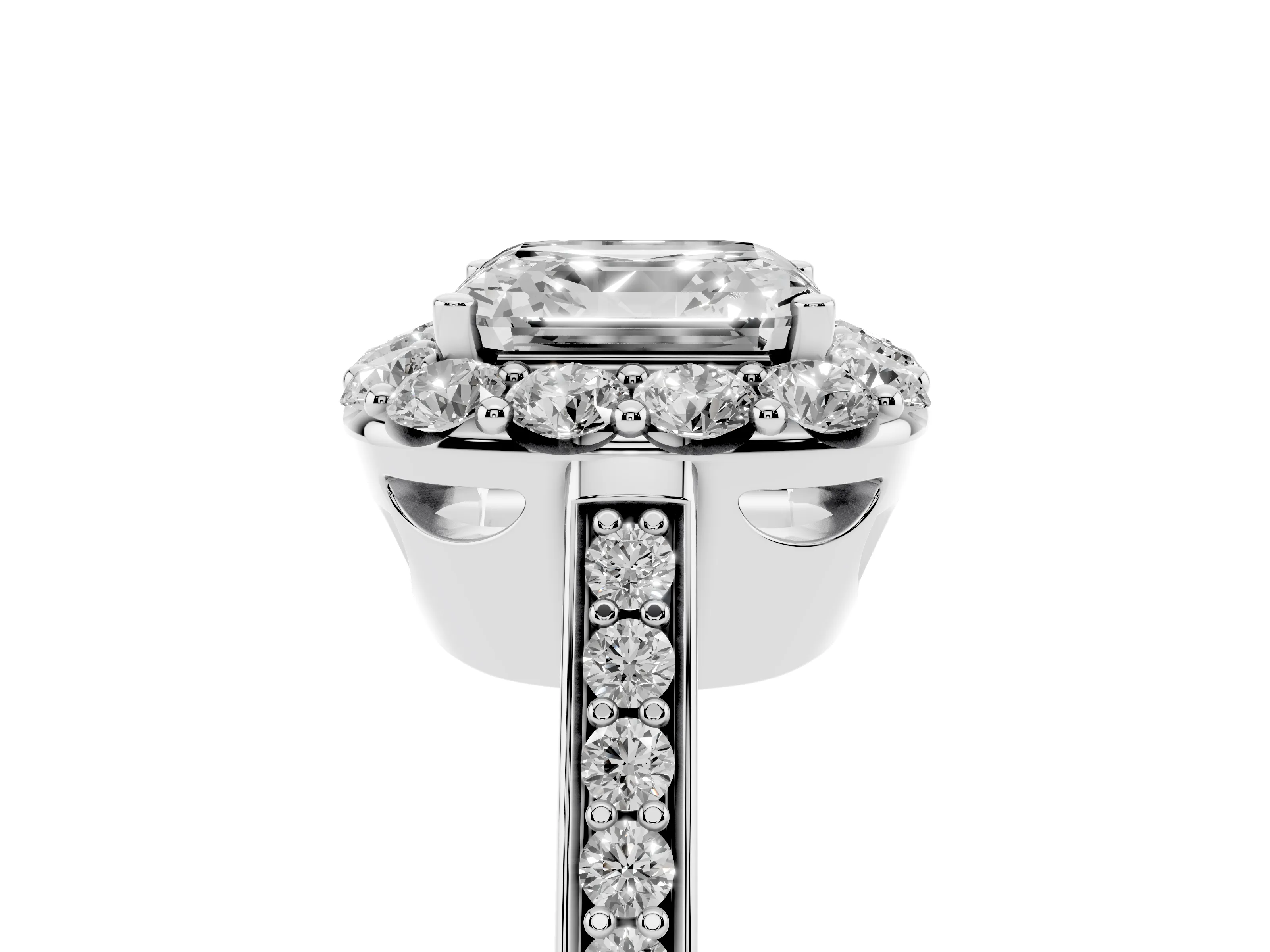 Asscher Cut Diamond Floral Halo Ring Set in White gold with Pavé Band and Prong Setting