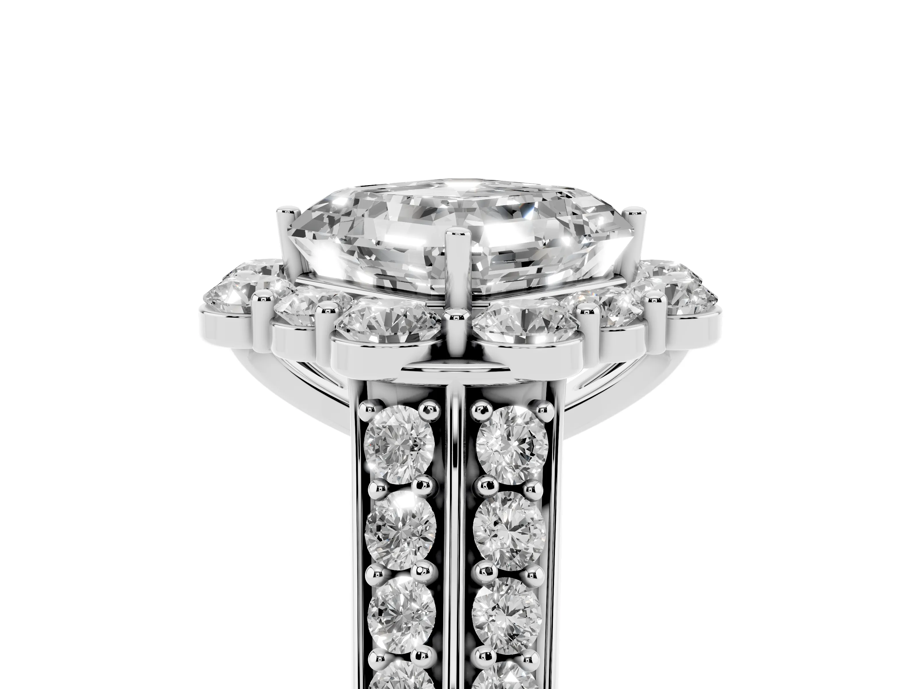 Asscher Cut Diamond Halo Engagement Ring Set in Silver with Split Shank and Prong Setting