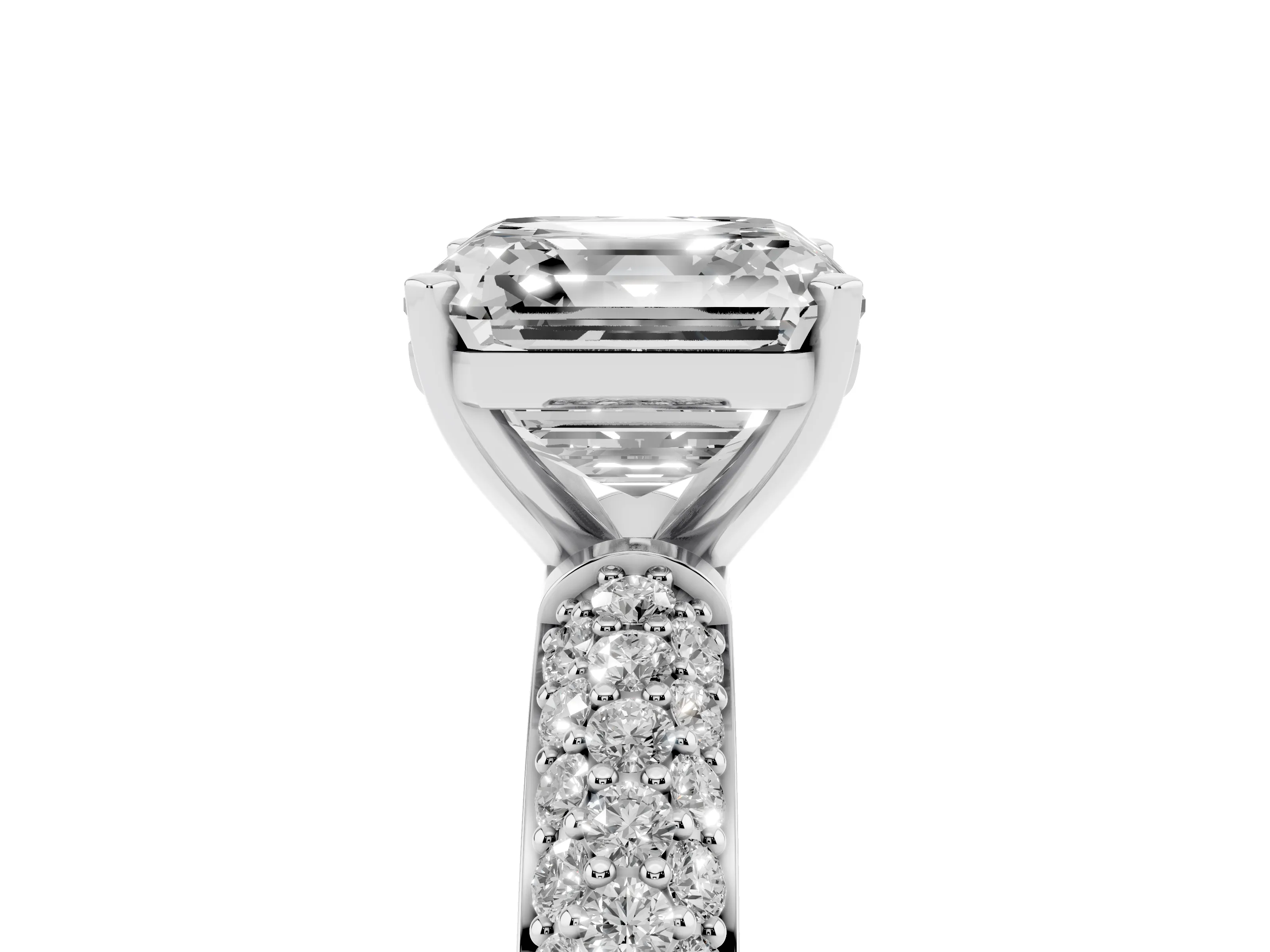 Asscher Cut Diamond Solitaire Ring Set in White gold with Prong Setting and Pavé-Set Band