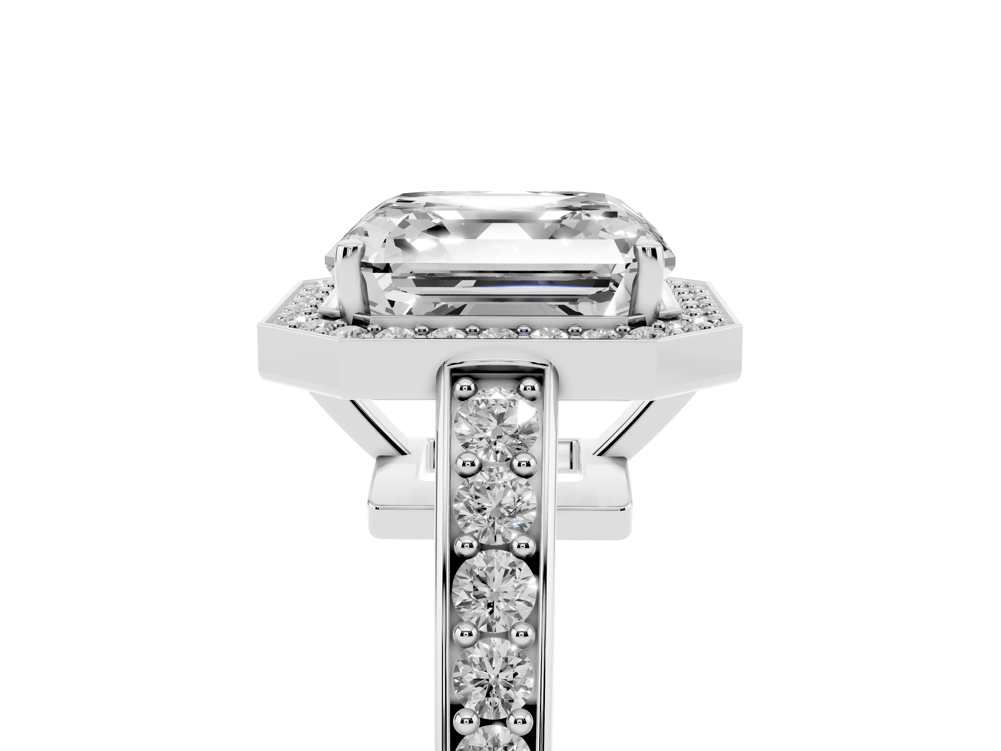 Asscher Cut Diamond Halo Pavé Engagement Ring Set in Platinum with Bezel Setting