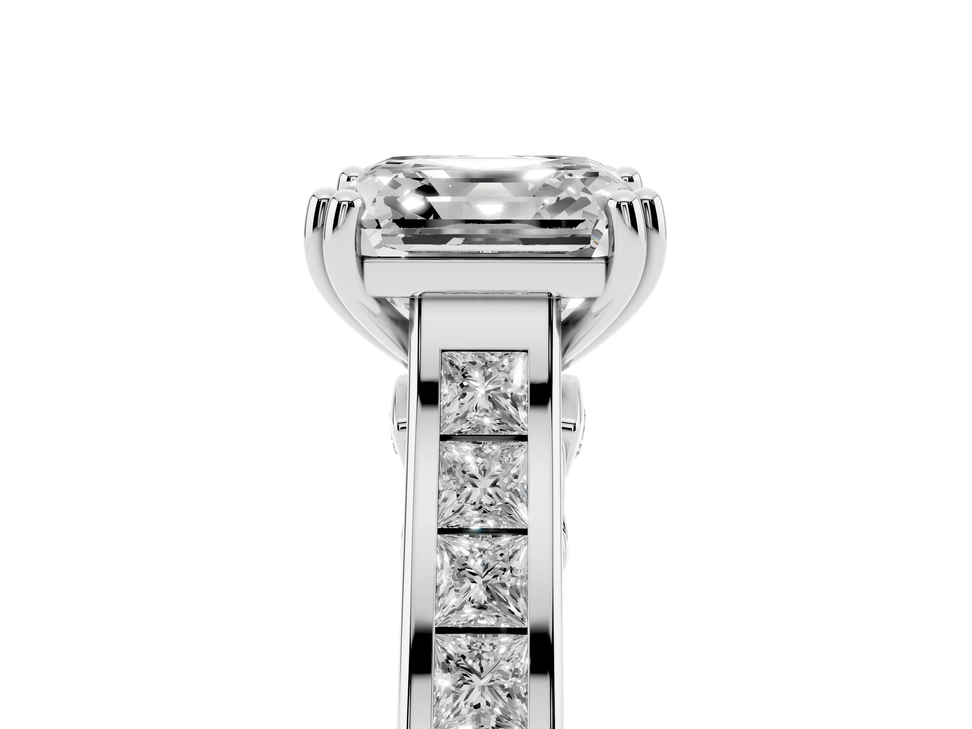 Asscher Cut Diamond Channel Set Solitaire Engagement Ring Set in Silver with Prong Setting