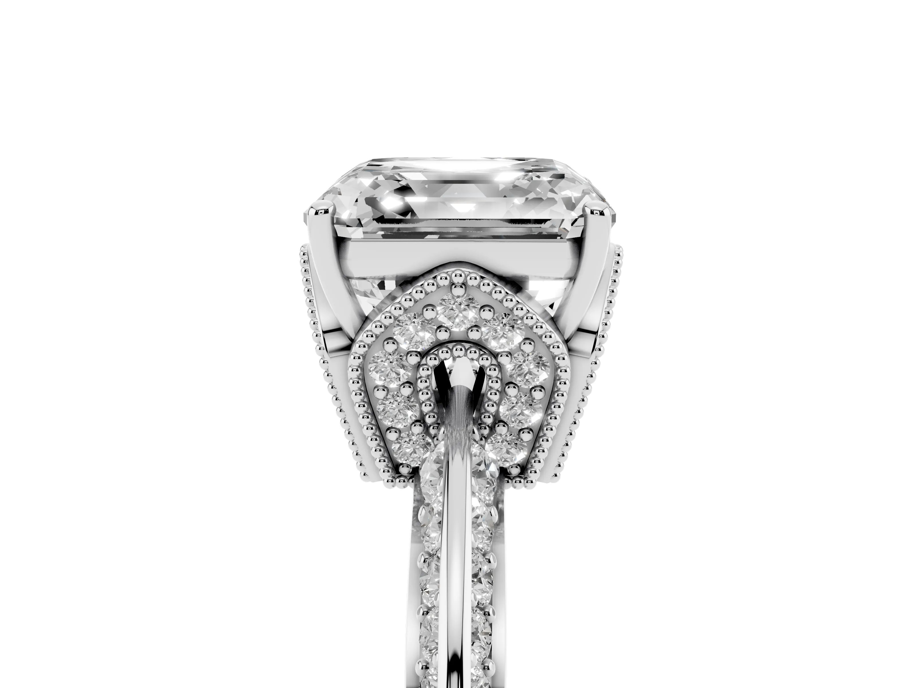 Asscher Cut Diamond Solitaire Engagement Ring Set in Platinum with Pavé Split Shank and Prong Setting