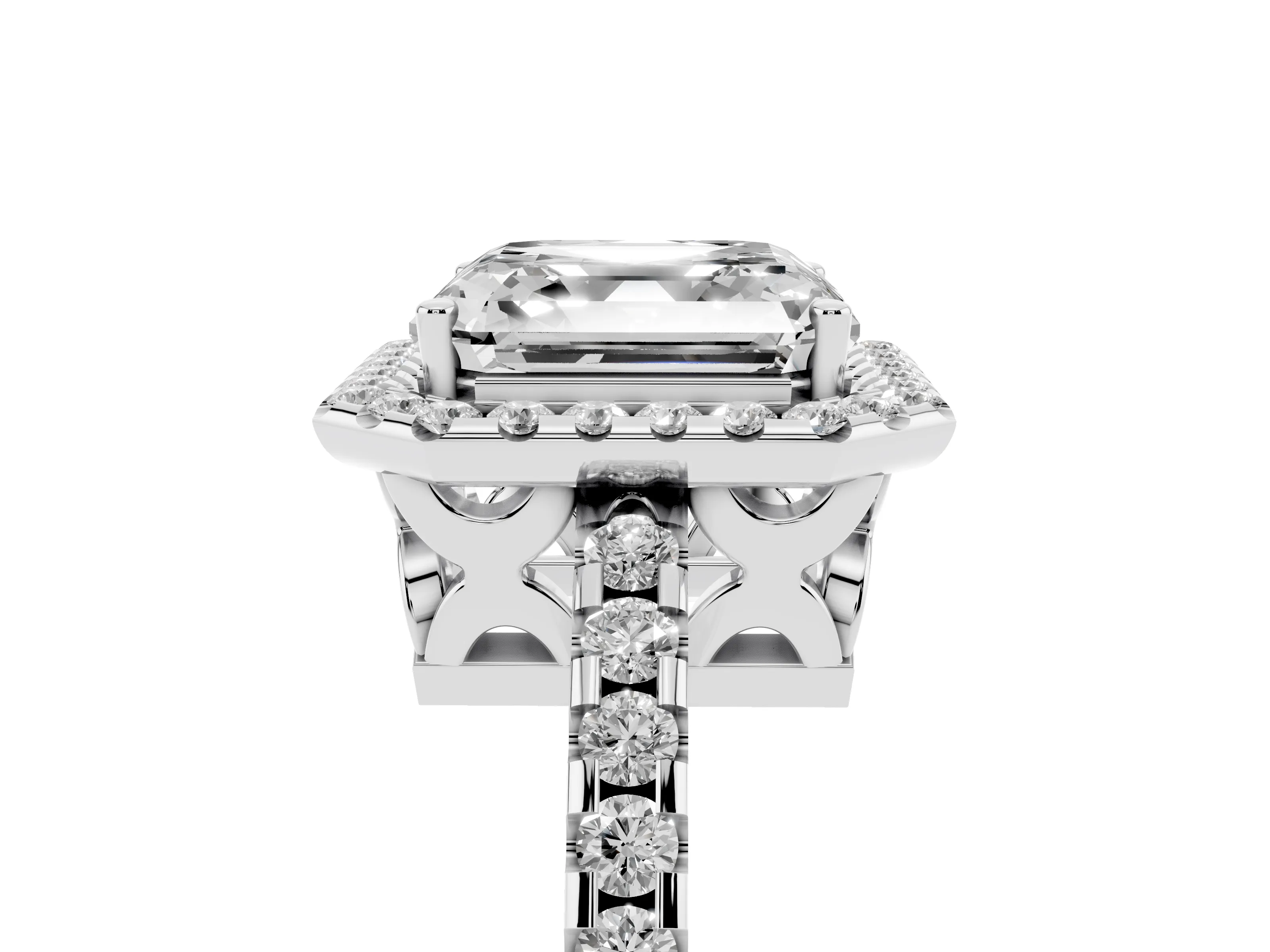 Asscher Cut Diamond Halo Ring Set in Platinum with Pavé Shoulders and Halo-Framed Center