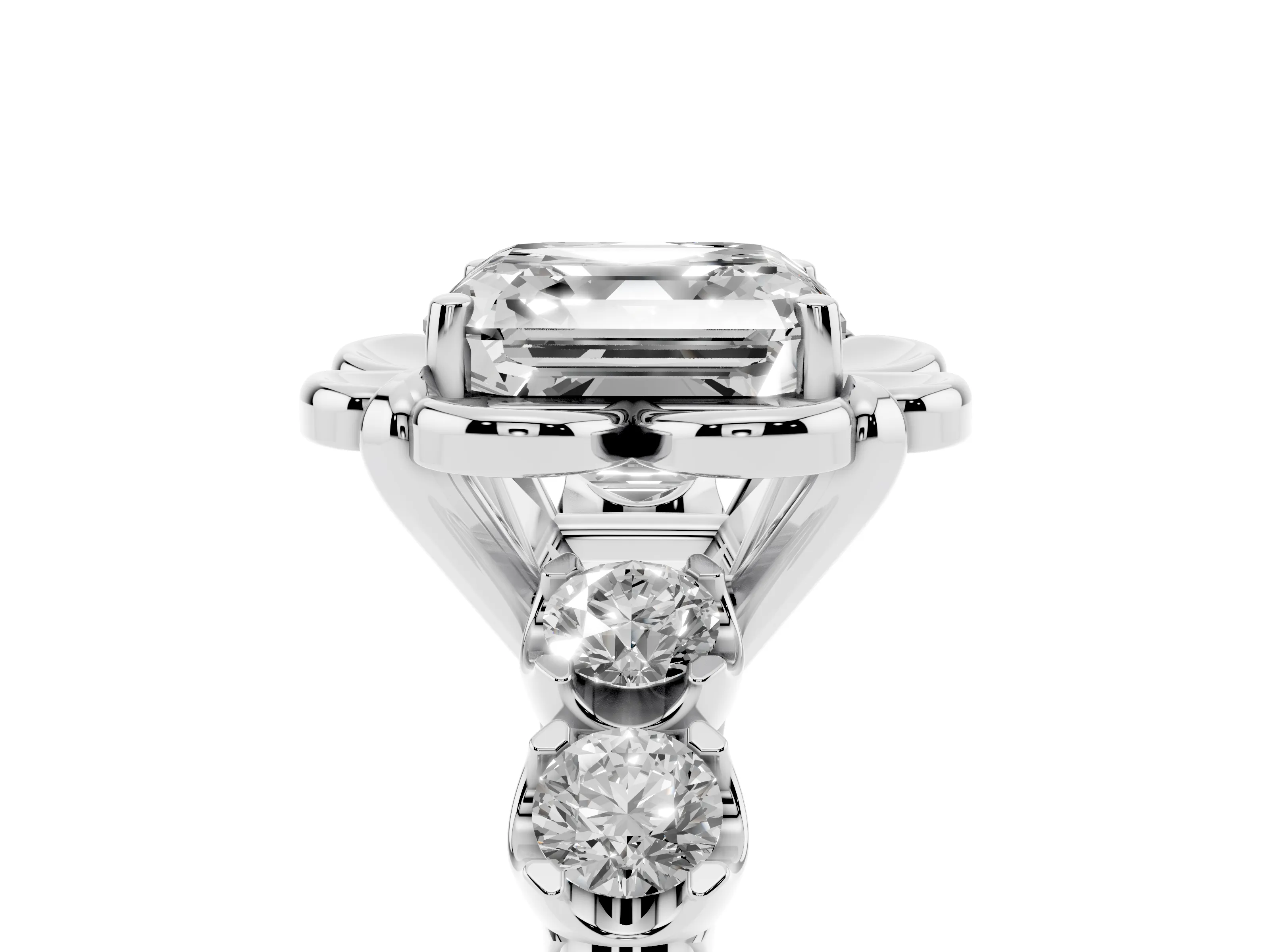 Asscher Cut Diamond Floral Halo Ring Set in Silver with Shared Prong Band