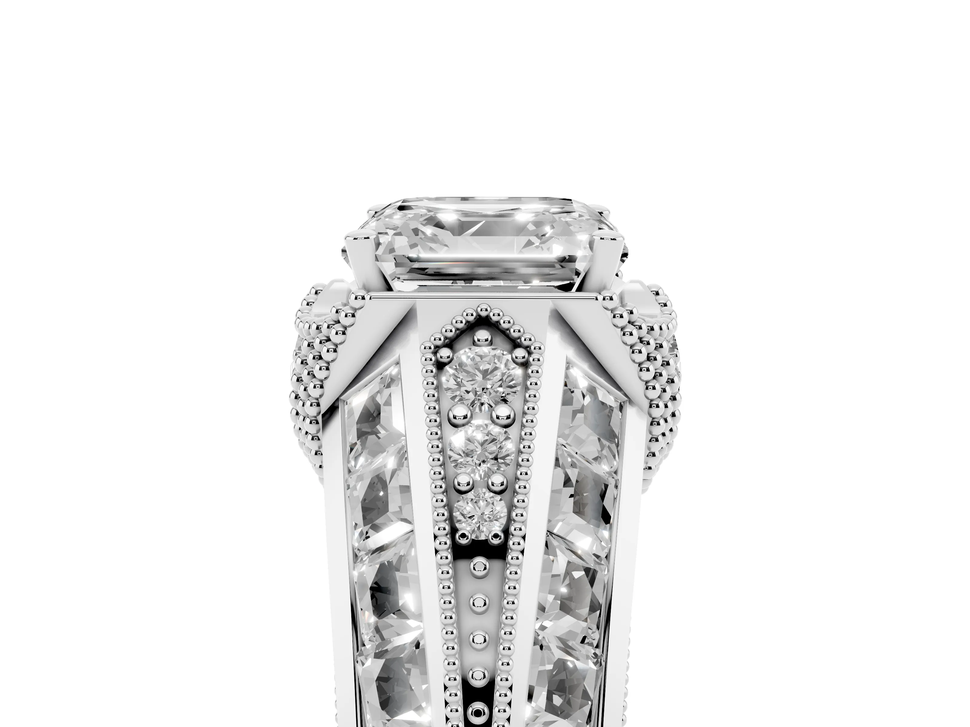 Asscher Cut Diamond Vintage-Inspired Milgrain Ring Set in White gold with Accent Split Shank