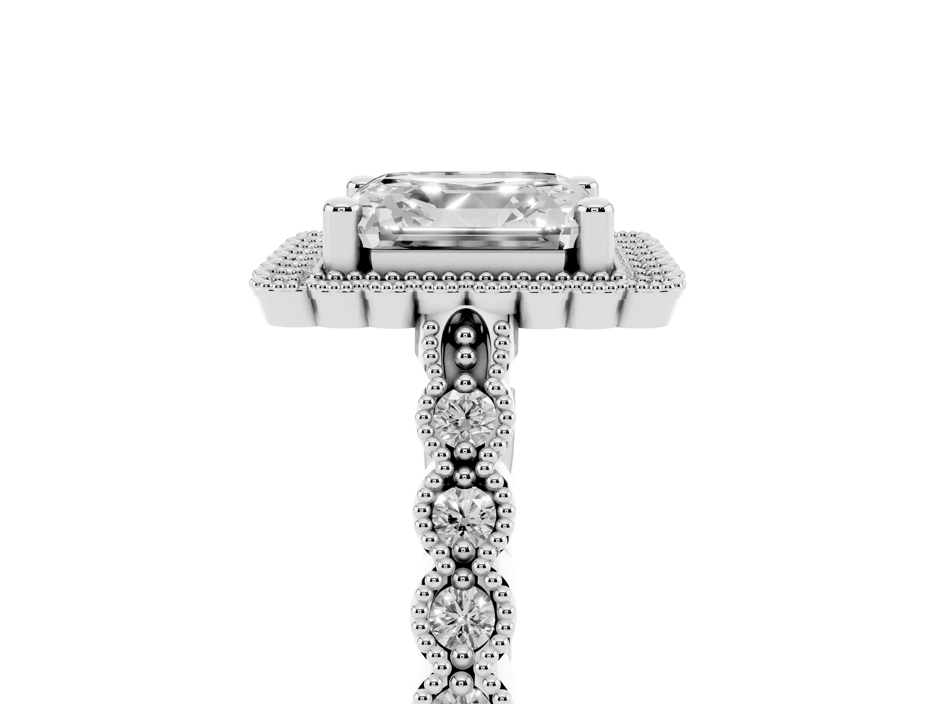 Asscher Cut Diamond Halo Ring Set in Platinum with Pavé Milgrain Band