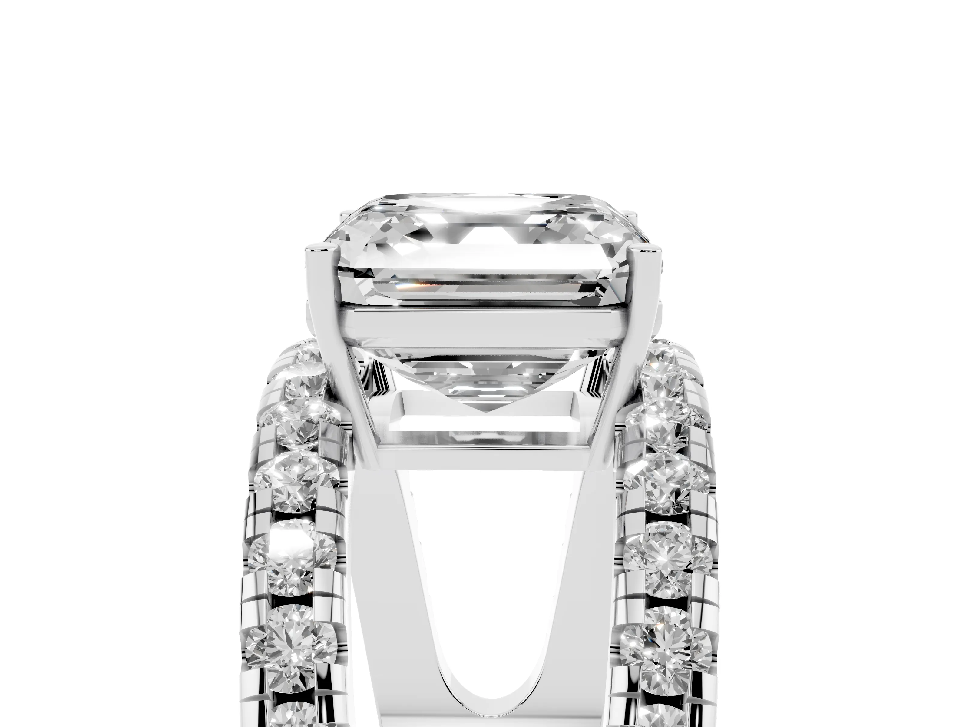 Asscher Cut Diamond Split Shank Pavé Solitaire Ring Set in Platinum with Open Shank Design
