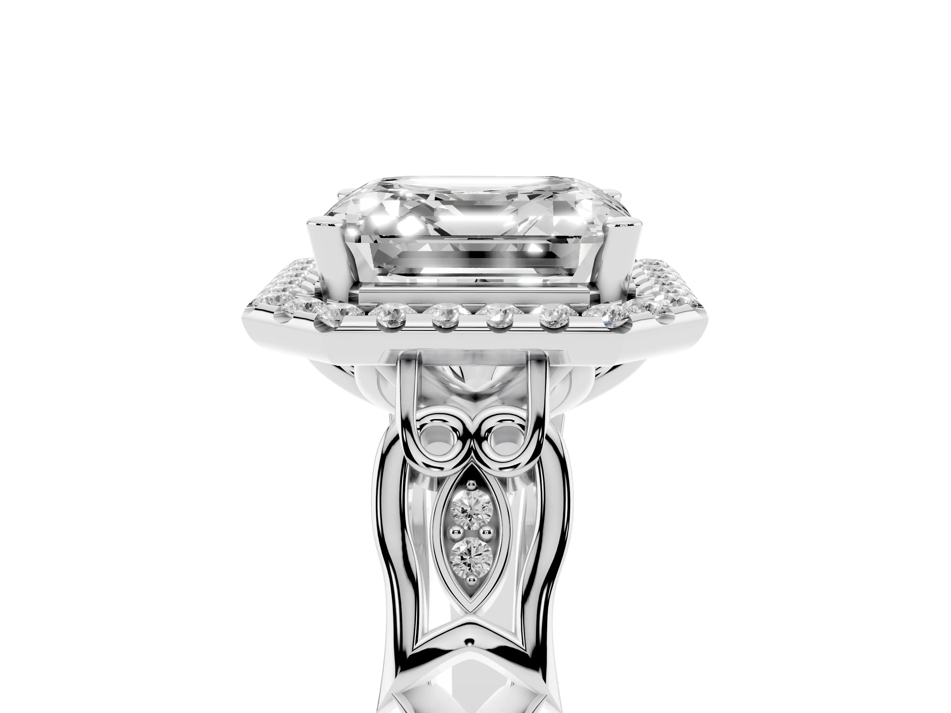 Asscher Cut Diamond Halo Engagement Ring Set in White gold with Filigree Band and Prong-Set Center