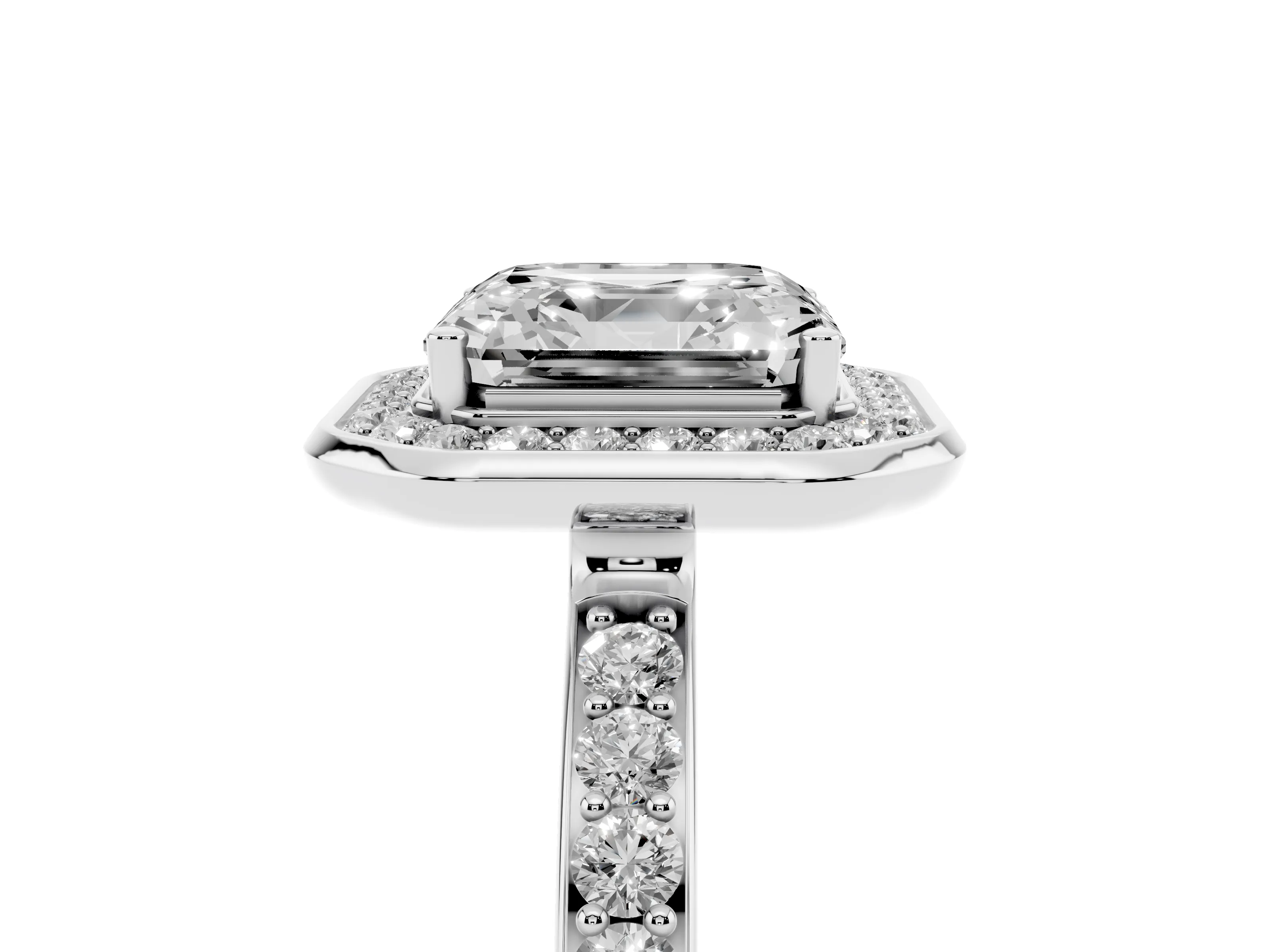 Asscher Cut Diamond Halo Ring Set in White gold with Bezel Frame and Pavé Band