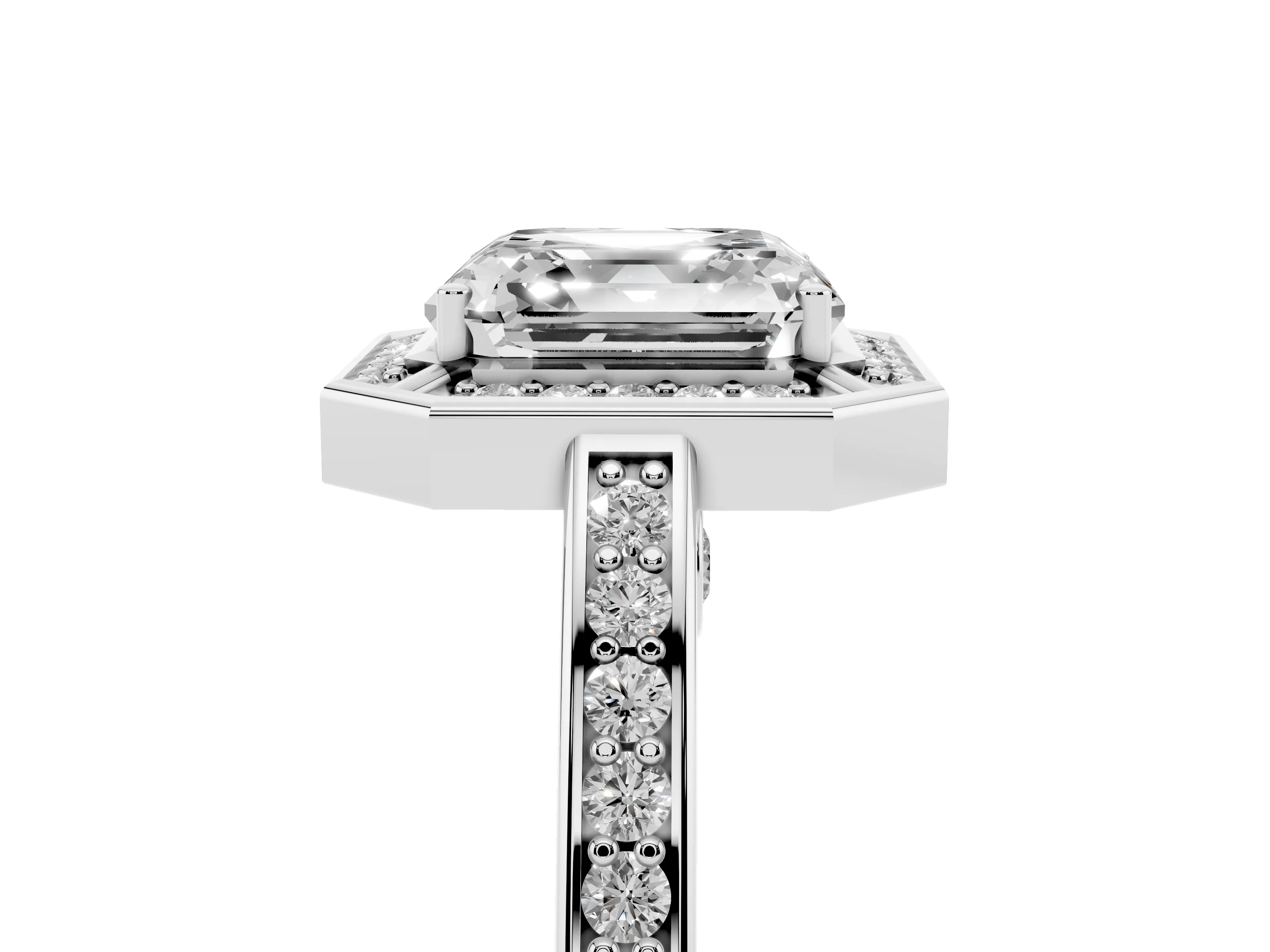 Asscher Cut Diamond Halo Pavé Split Shank Ring Set in White gold with Prong Setting