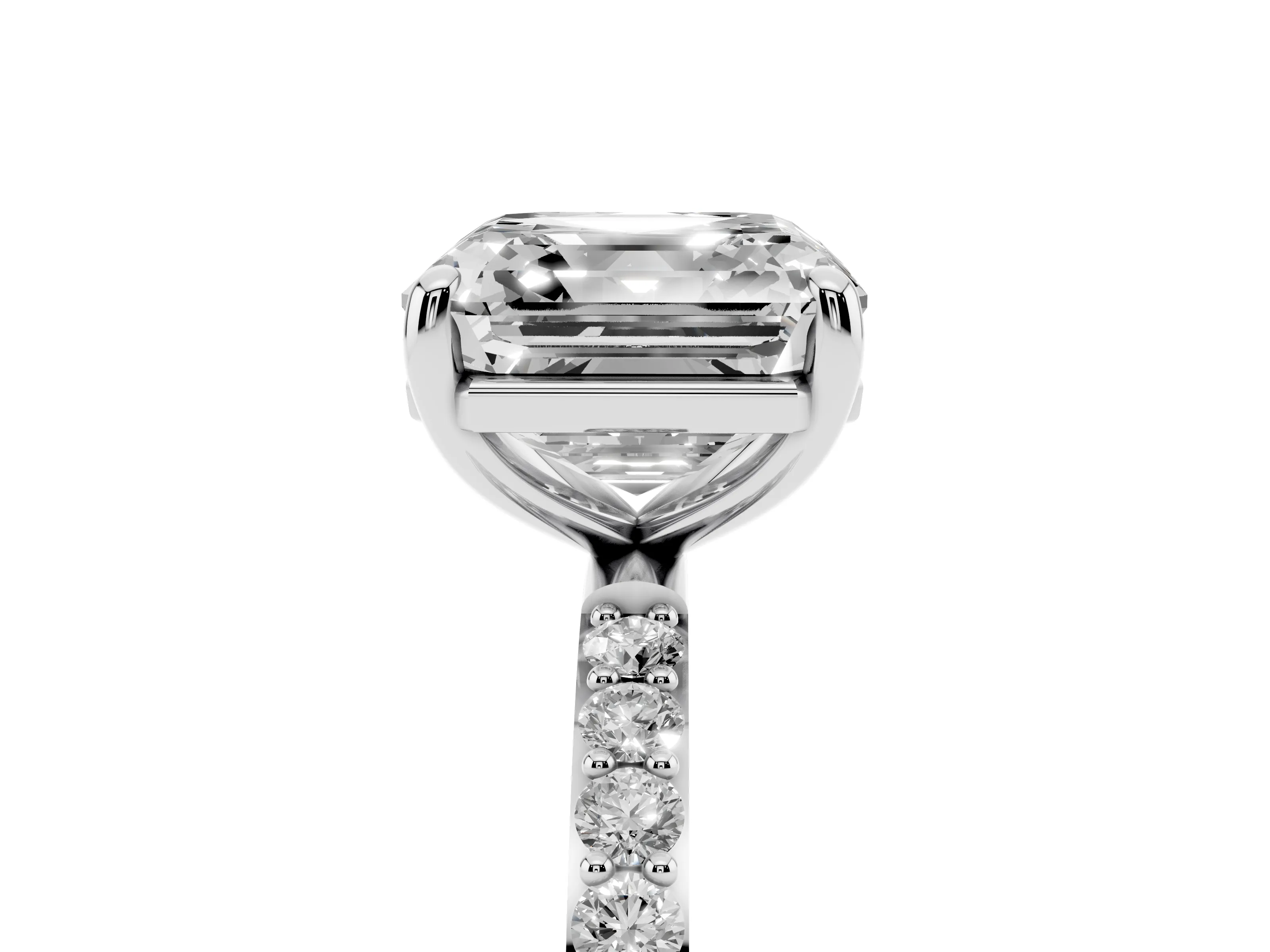 Asscher Cut Diamond Solitaire Ring Set in Silver with Round Pavé Band and Prong Setting