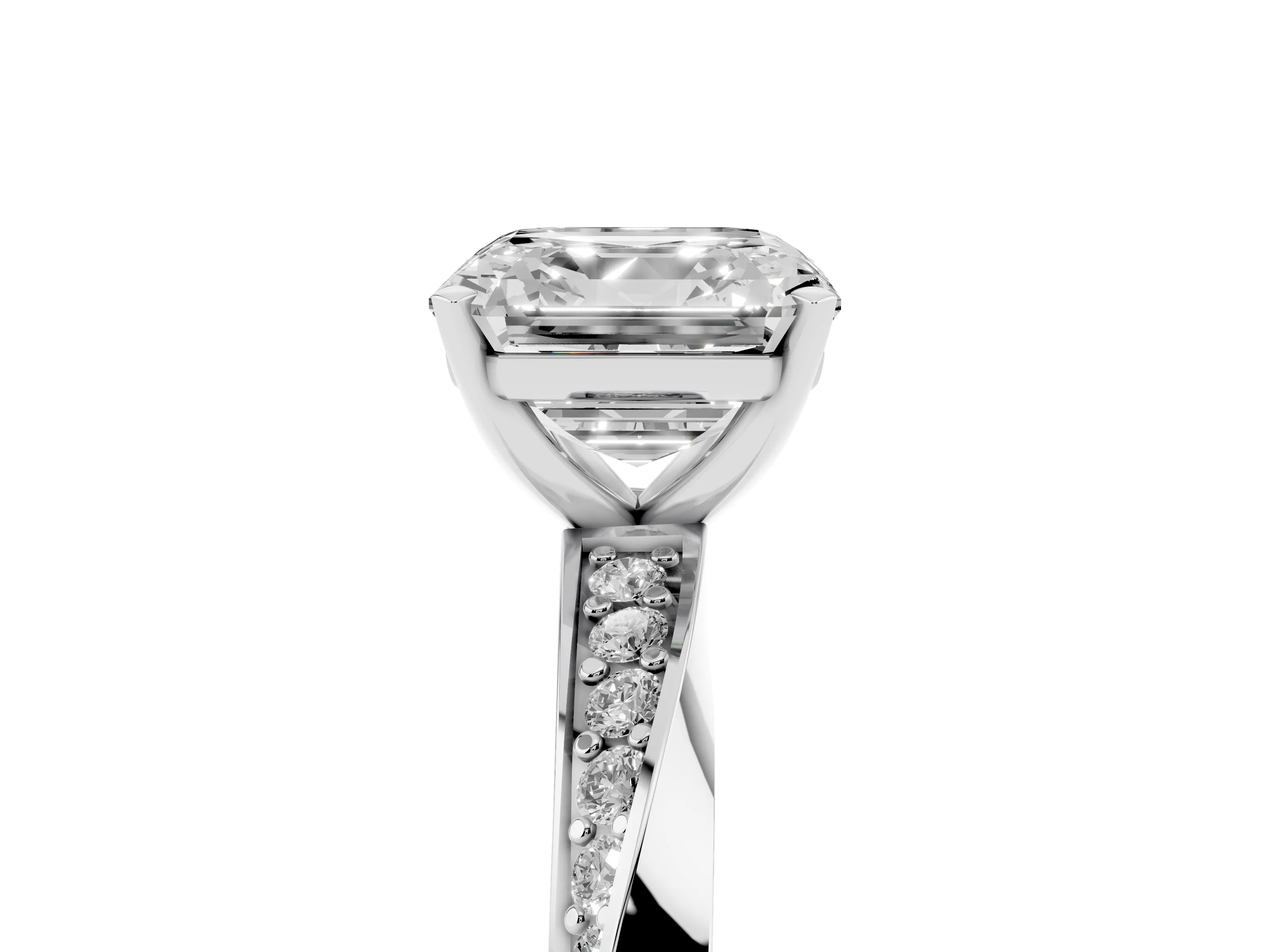 Asscher Cut Diamond Engagement Ring Set in Platinum with Side Stone Accents and Prong Setting