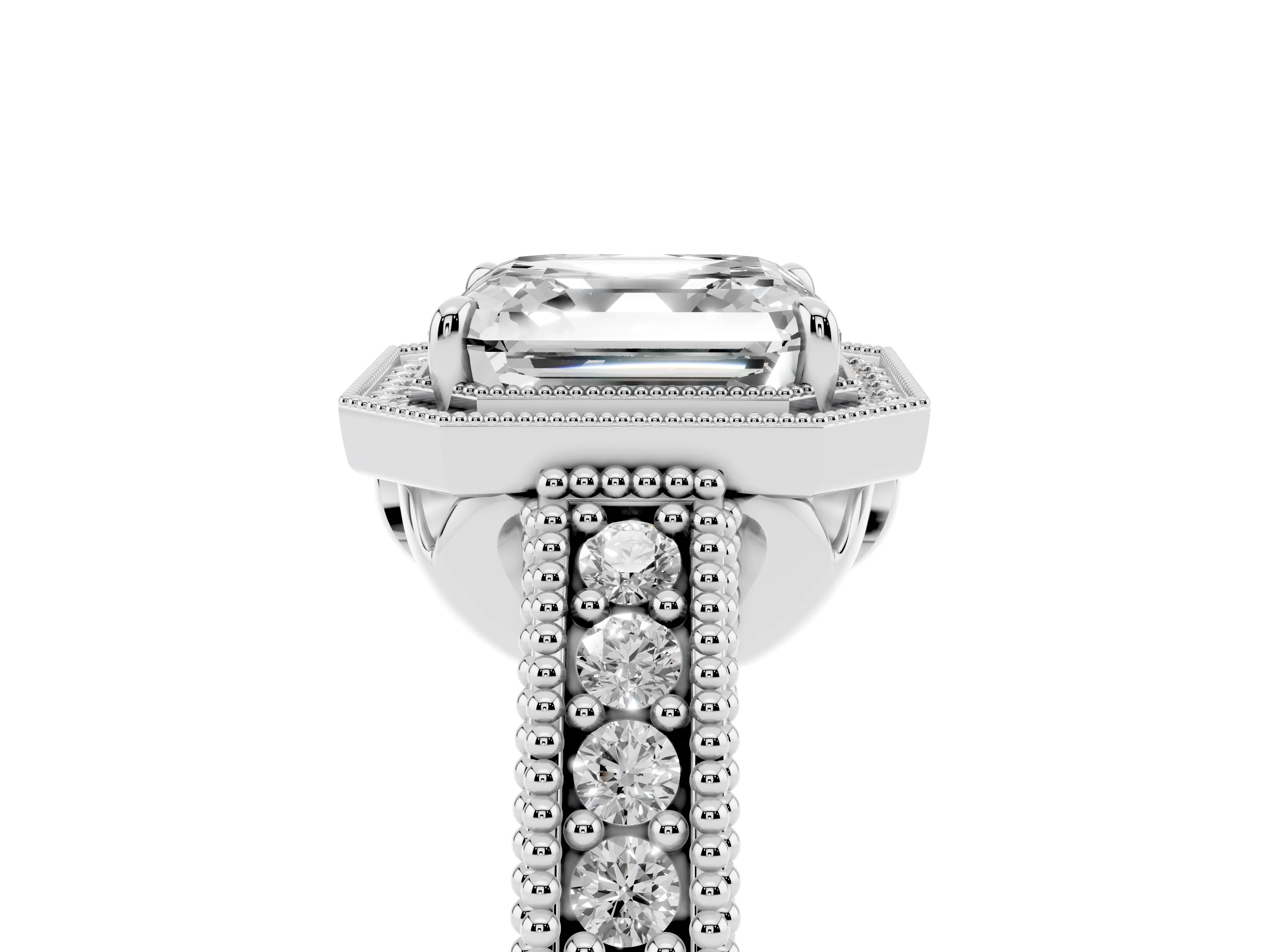 Asscher Cut Diamond Halo Ring Set in White gold with Round Accent Halo, Pavé Band and Prong Setting
