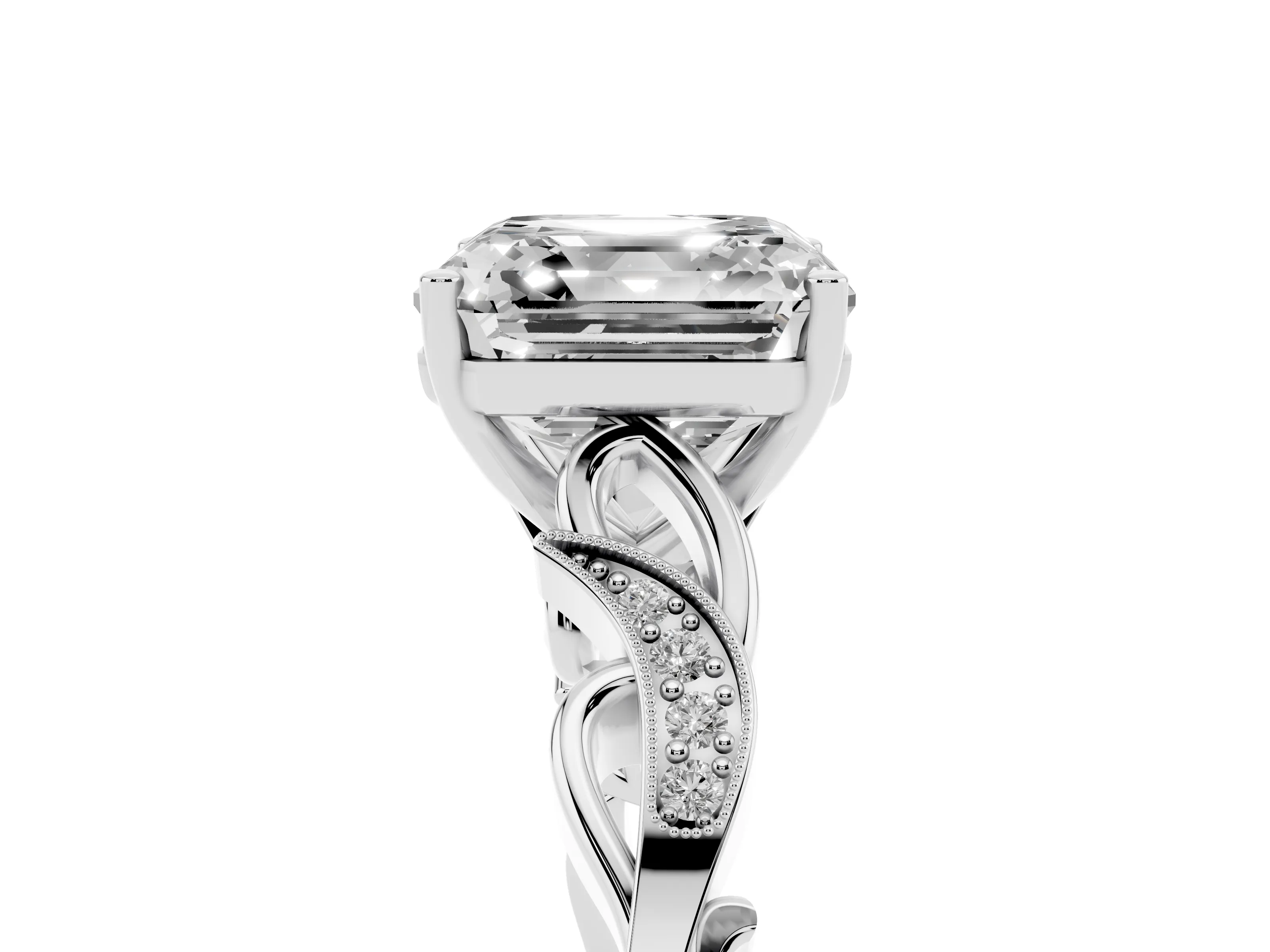 Asscher Cut Diamond Vine Band Solitaire Ring Set in Silver with Milgrain Prong Setting