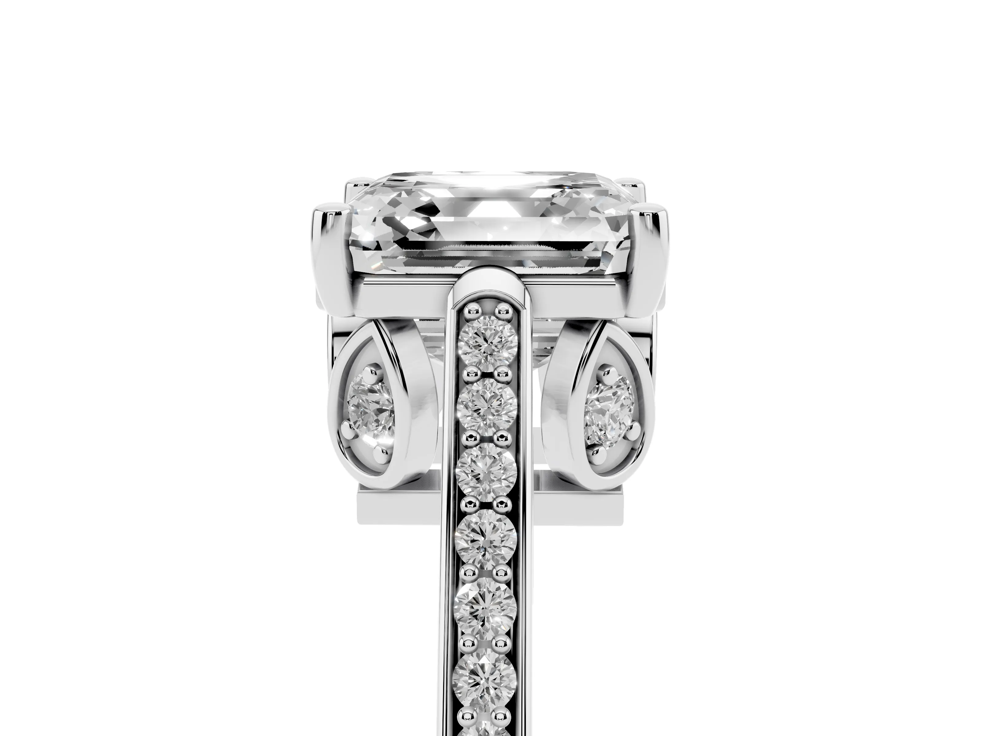 Asscher Cut Diamond Cathedral Pavé Engagement Ring Set in Platinum with Prong Setting