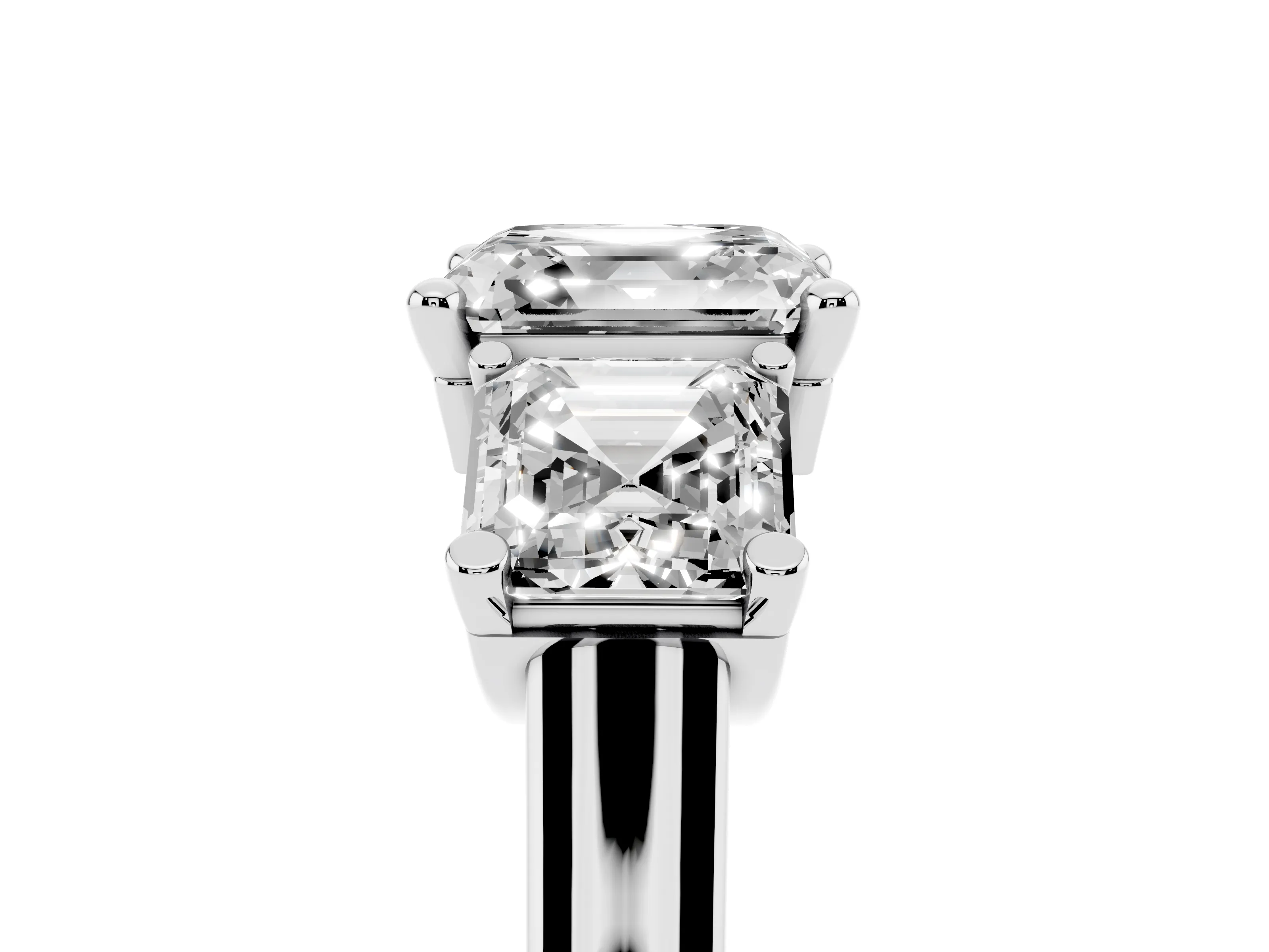 Asscher Cut Diamond Three-Stone Trellis Ring Set in White gold with Comfort Fit Band