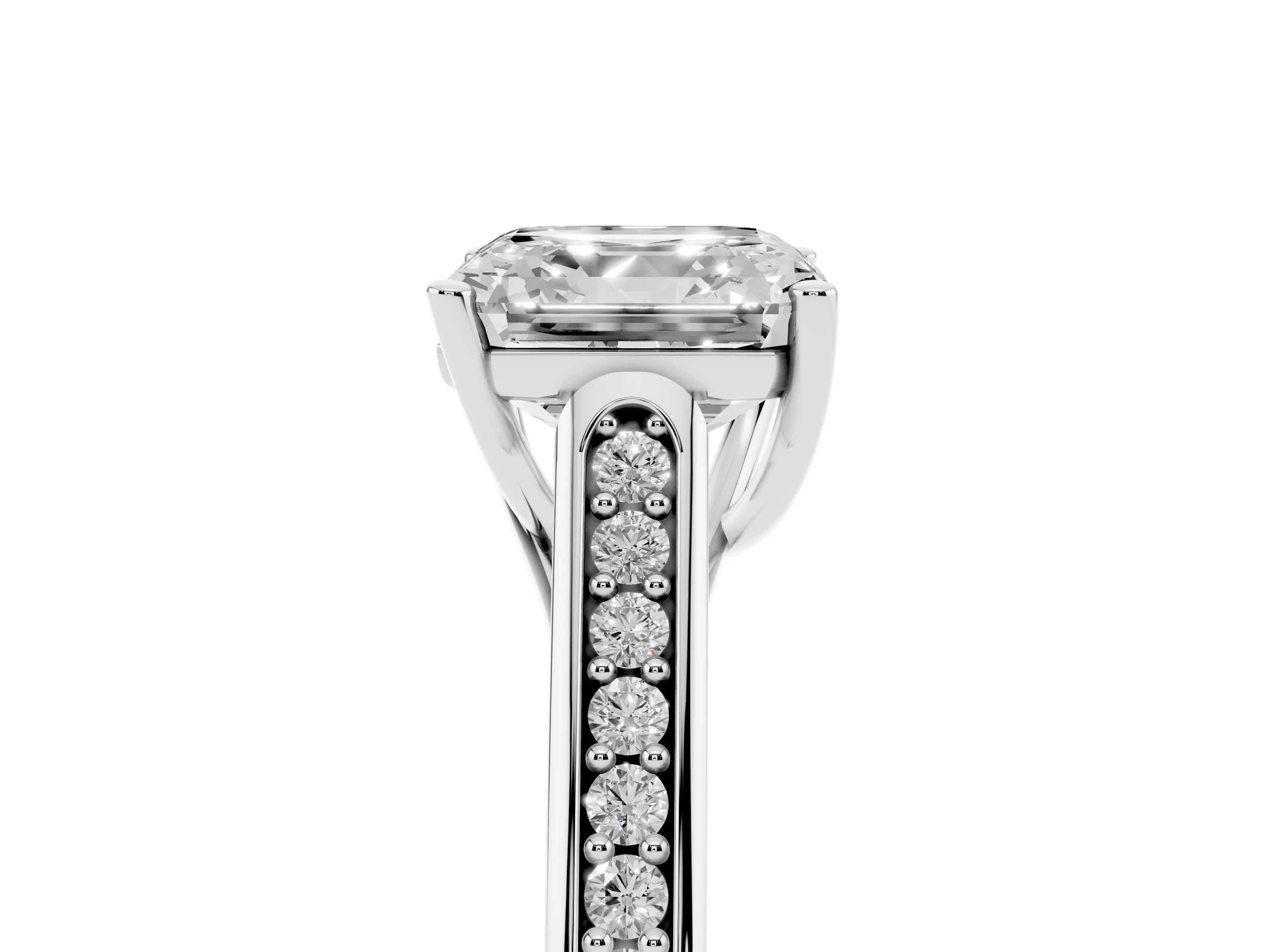 Asscher Cut Diamond Solitaire Cathedral Engagement Ring Set in White gold with Channel-Set Band and Prong Setting