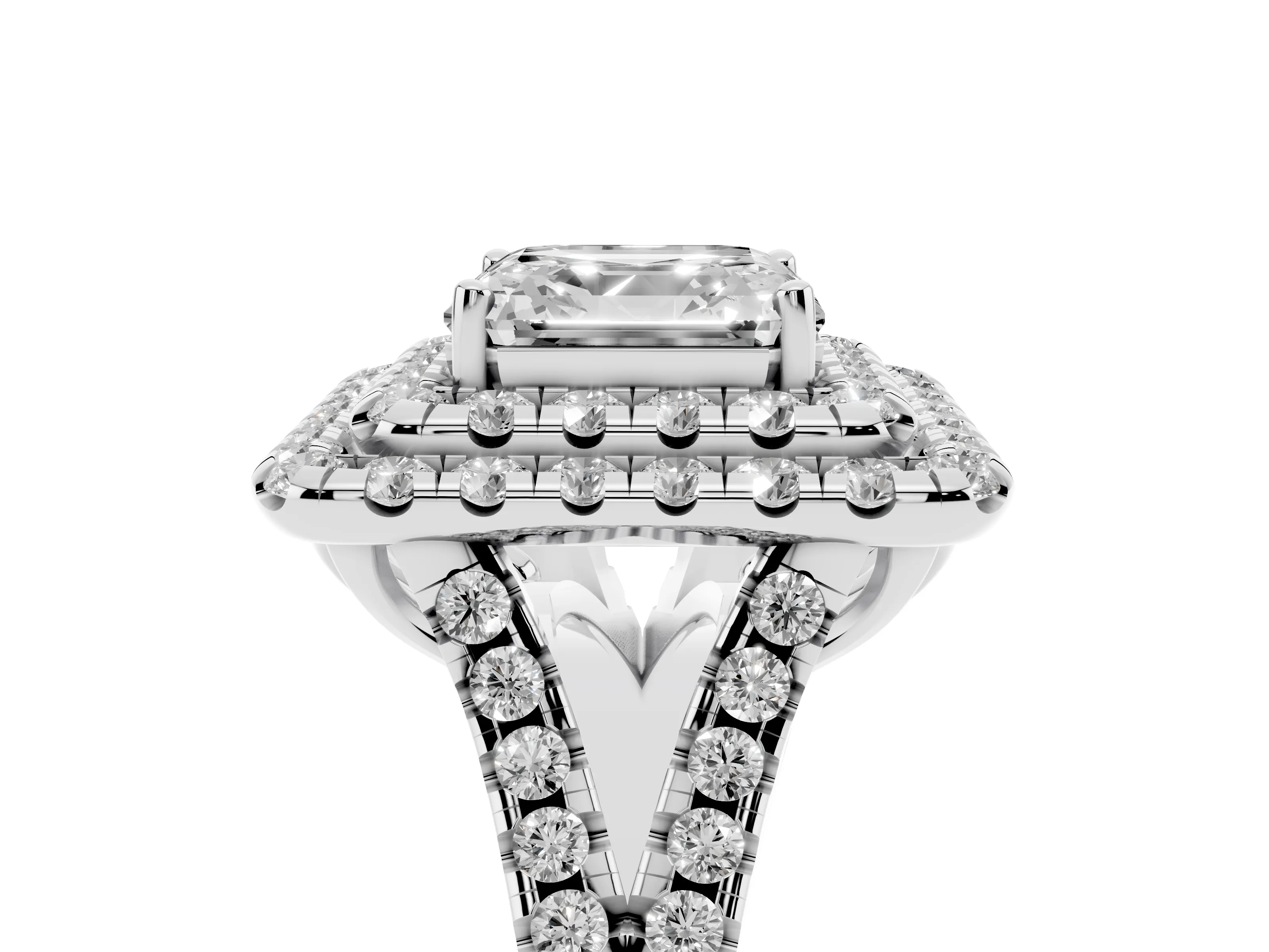 Asscher Cut Diamond Double Halo Ring Set in Platinum with Pavé Split Shank and Prong Setting
