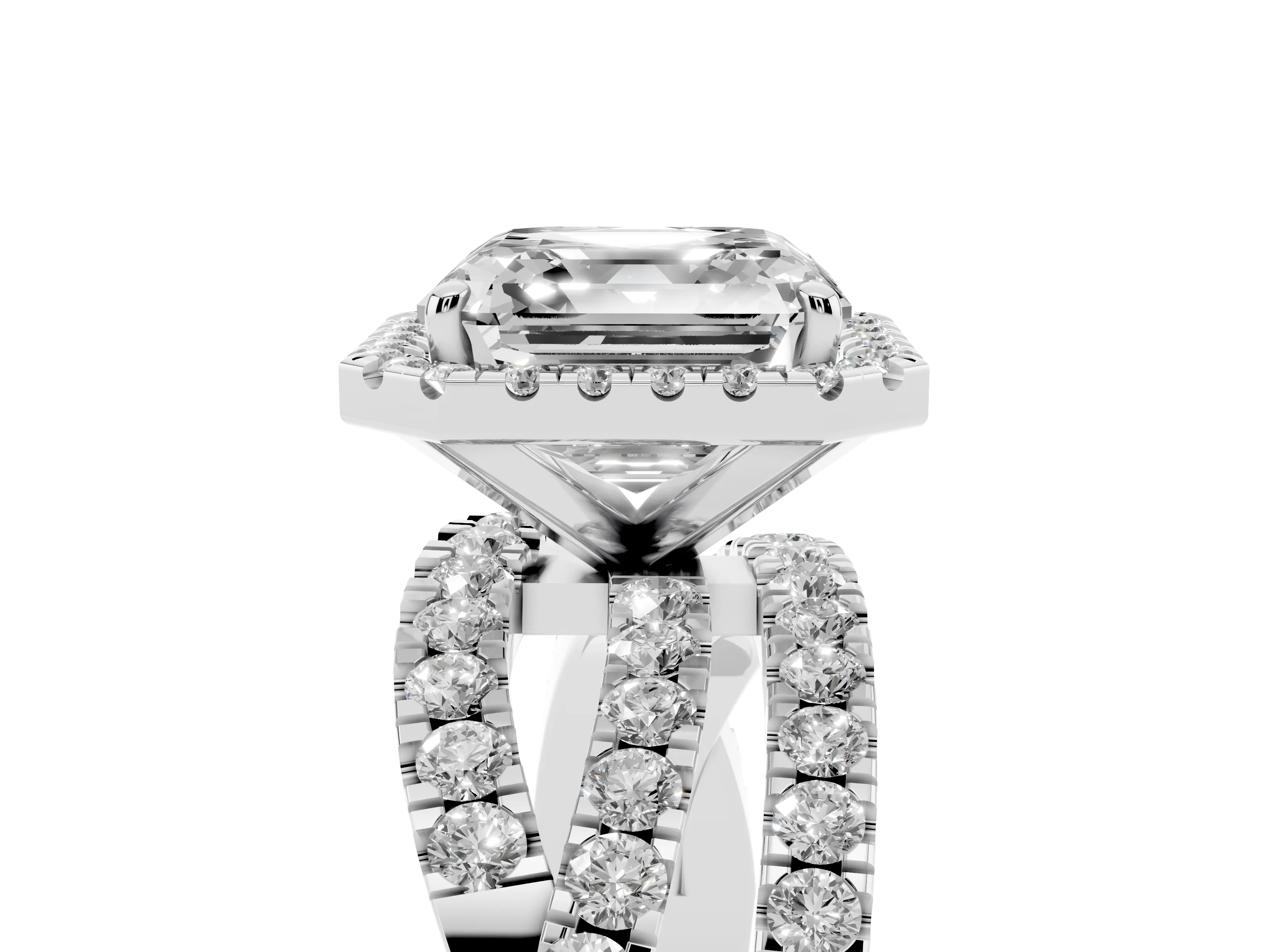 Asscher Cut Diamond Halo Ring Set in White gold with Round Crossover Split Shank and Prong Setting