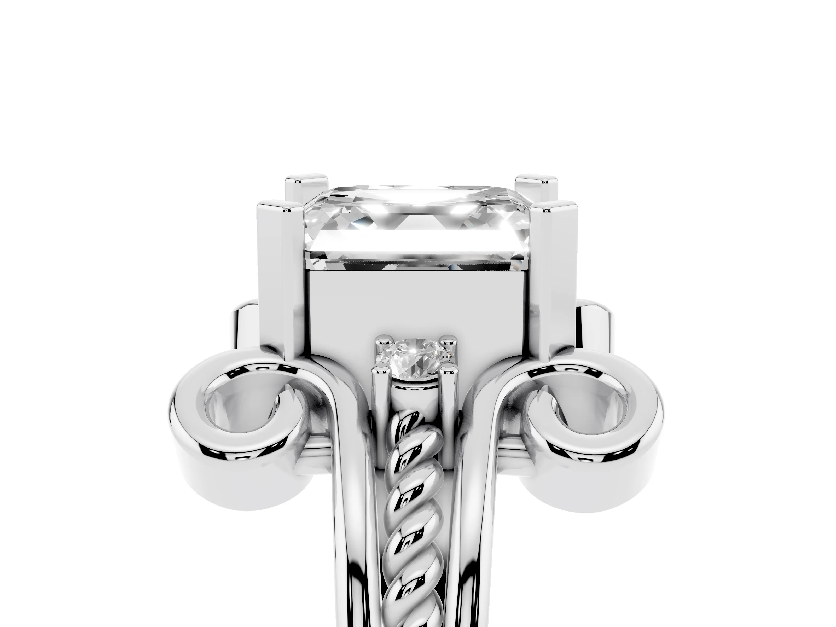Asscher Cut Diamond Twisted Band Solitaire Ring Set in Platinum with Scroll Prongs