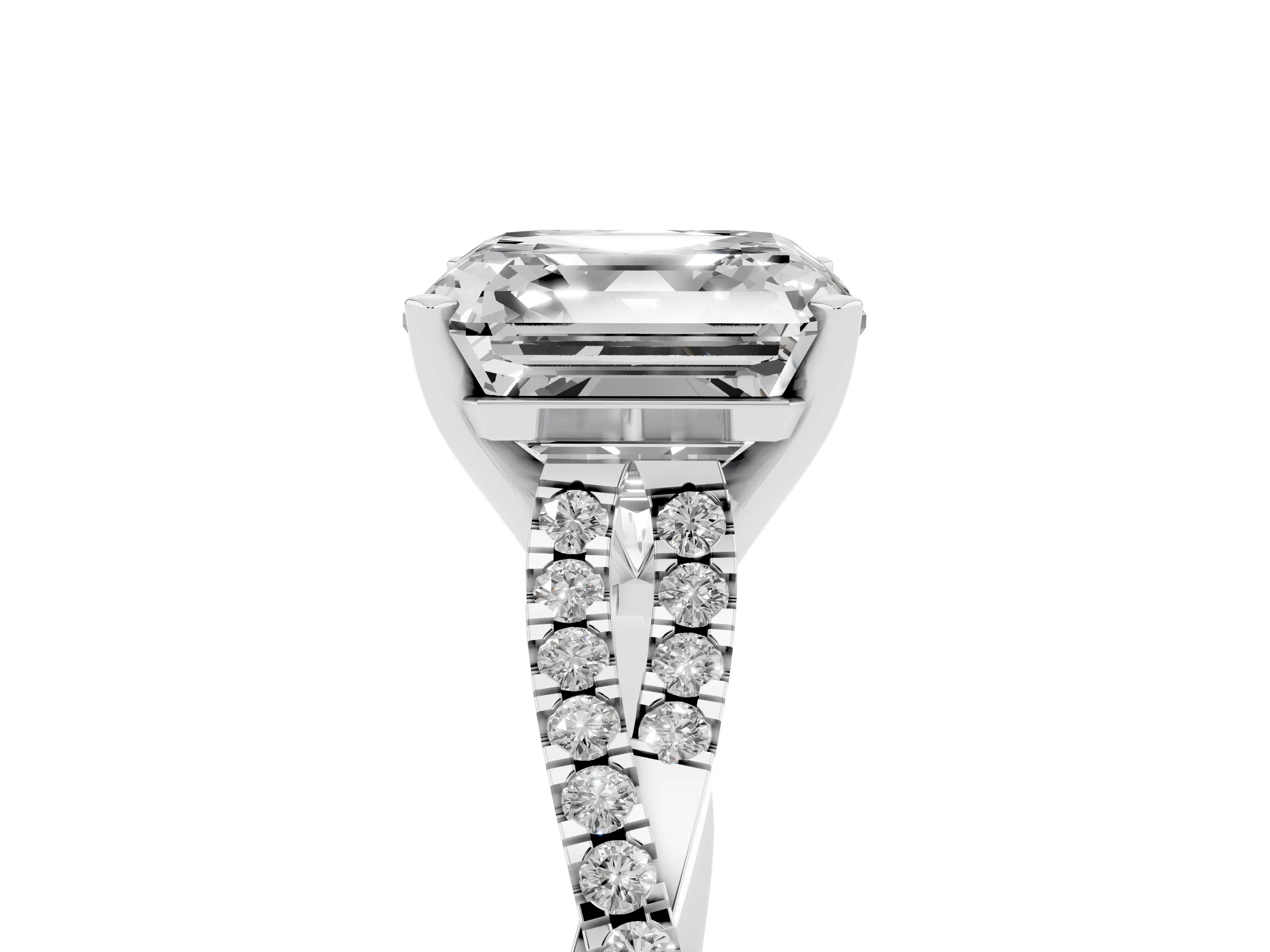 Asscher Cut Diamond Solitaire Engagement Ring Set in White gold with Twisted Pavé Band and Prong Setting