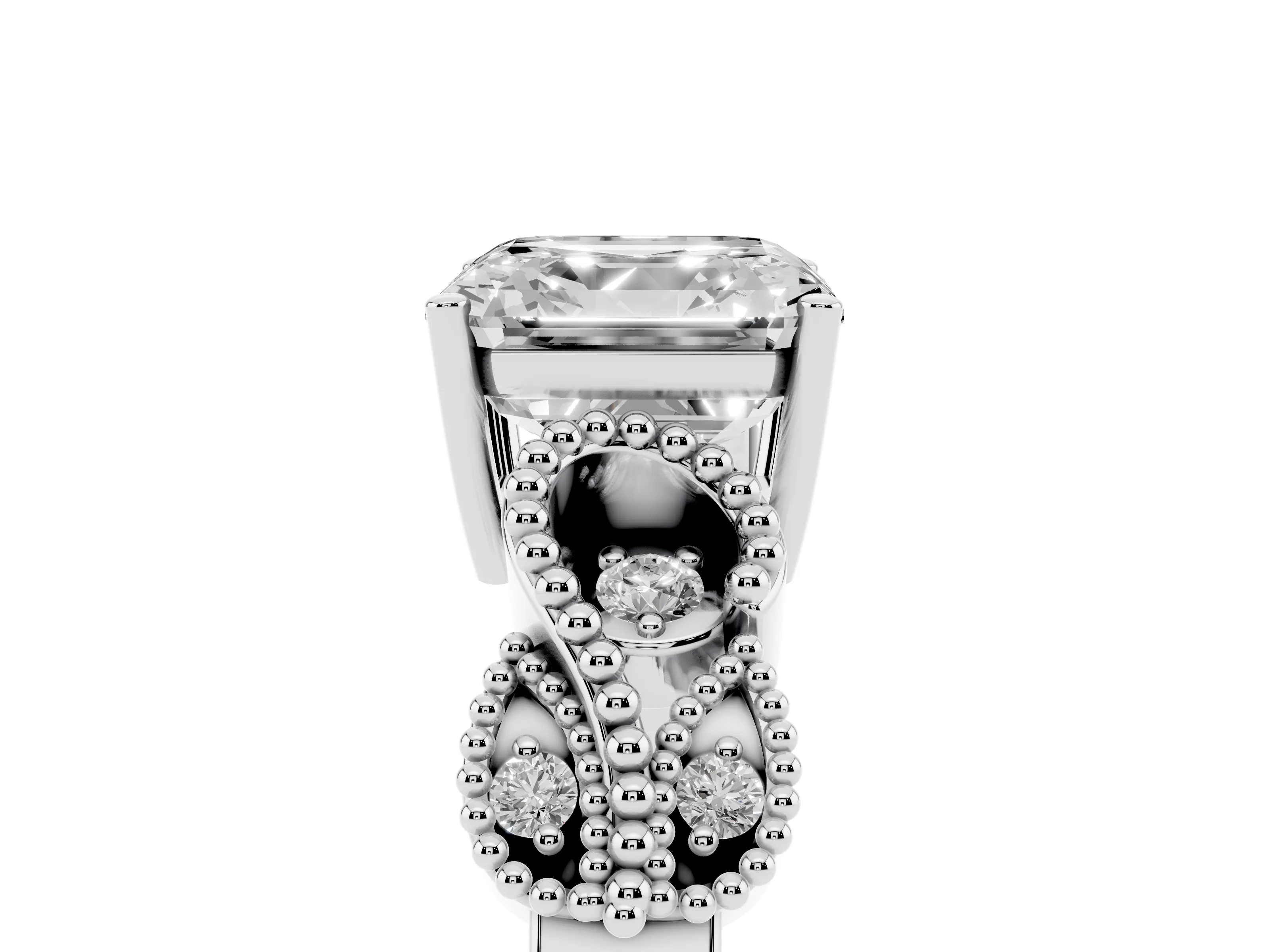Asscher Cut Diamond Milgrain Leaf Band Solitaire Ring Set in White gold with Accent Stones and Prong Setting