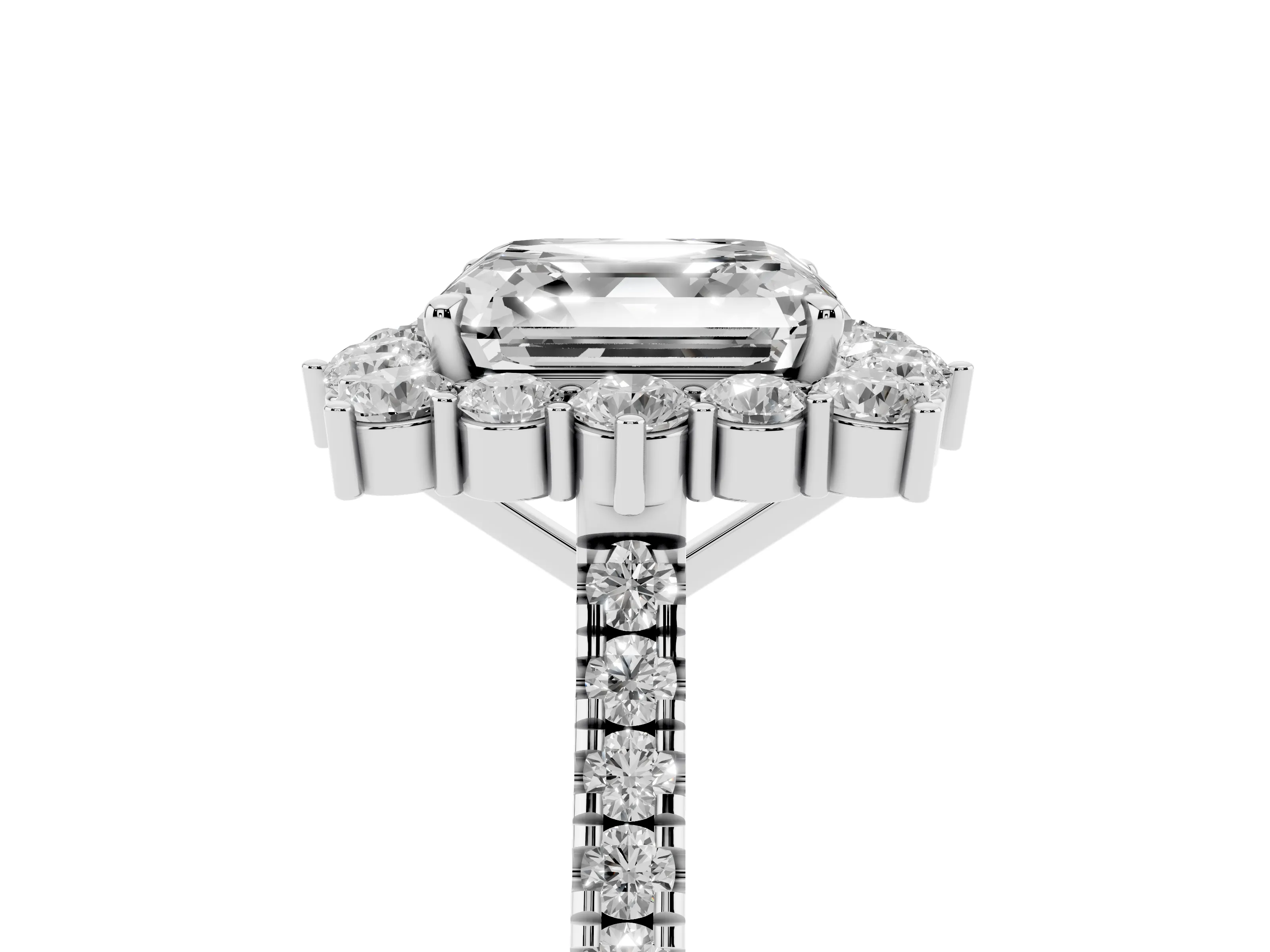 Asscher Cut Diamond Halo Ring Set in Silver with Pavé Band and Prong Setting