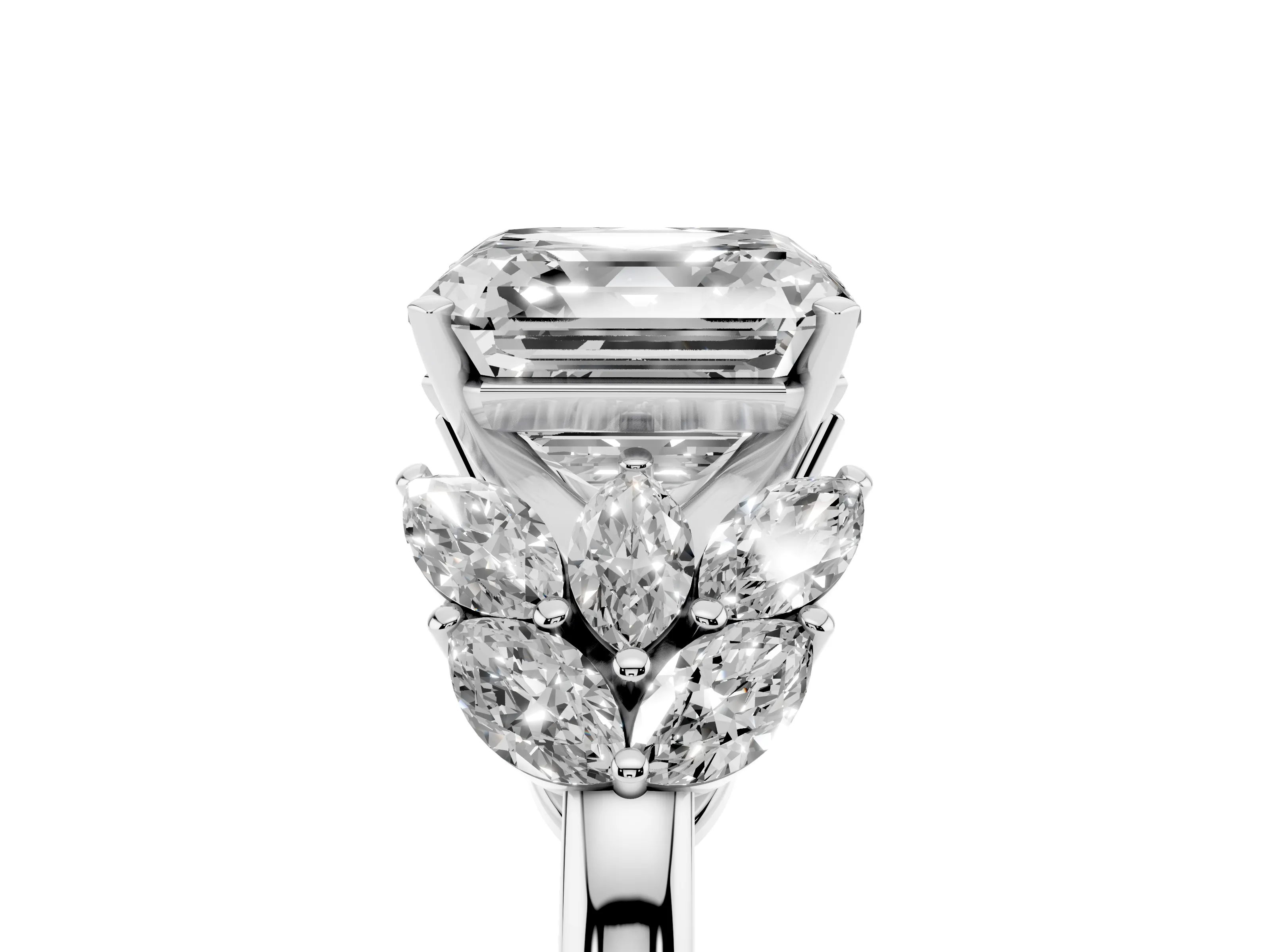 Asscher Cut Diamond Cluster Leaf Design Ring Set in Platinum with Prong Setting