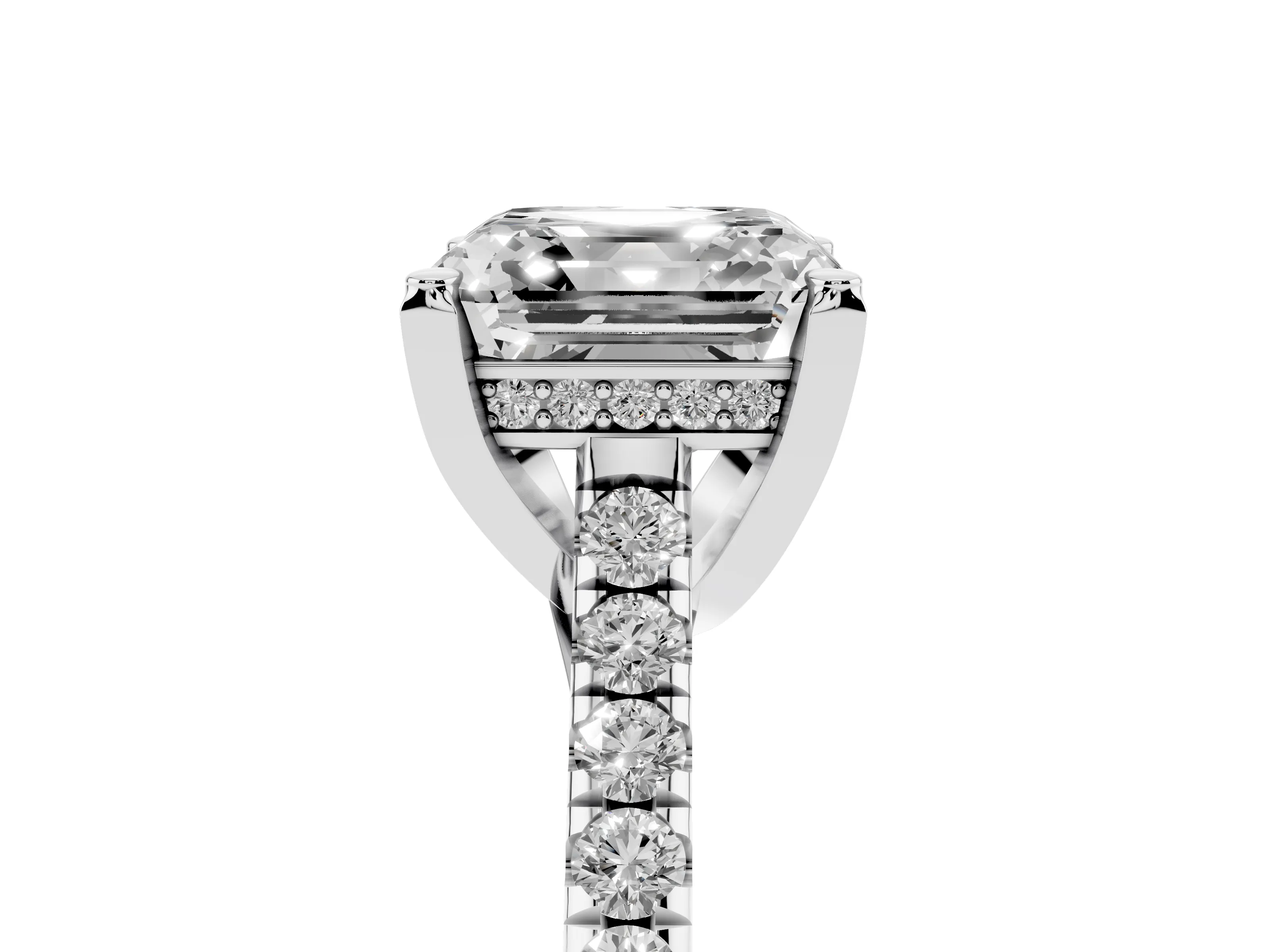Asscher Cut Diamond Solitaire Ring Set in Platinum with Brilliant Pavé Band and Prong Setting