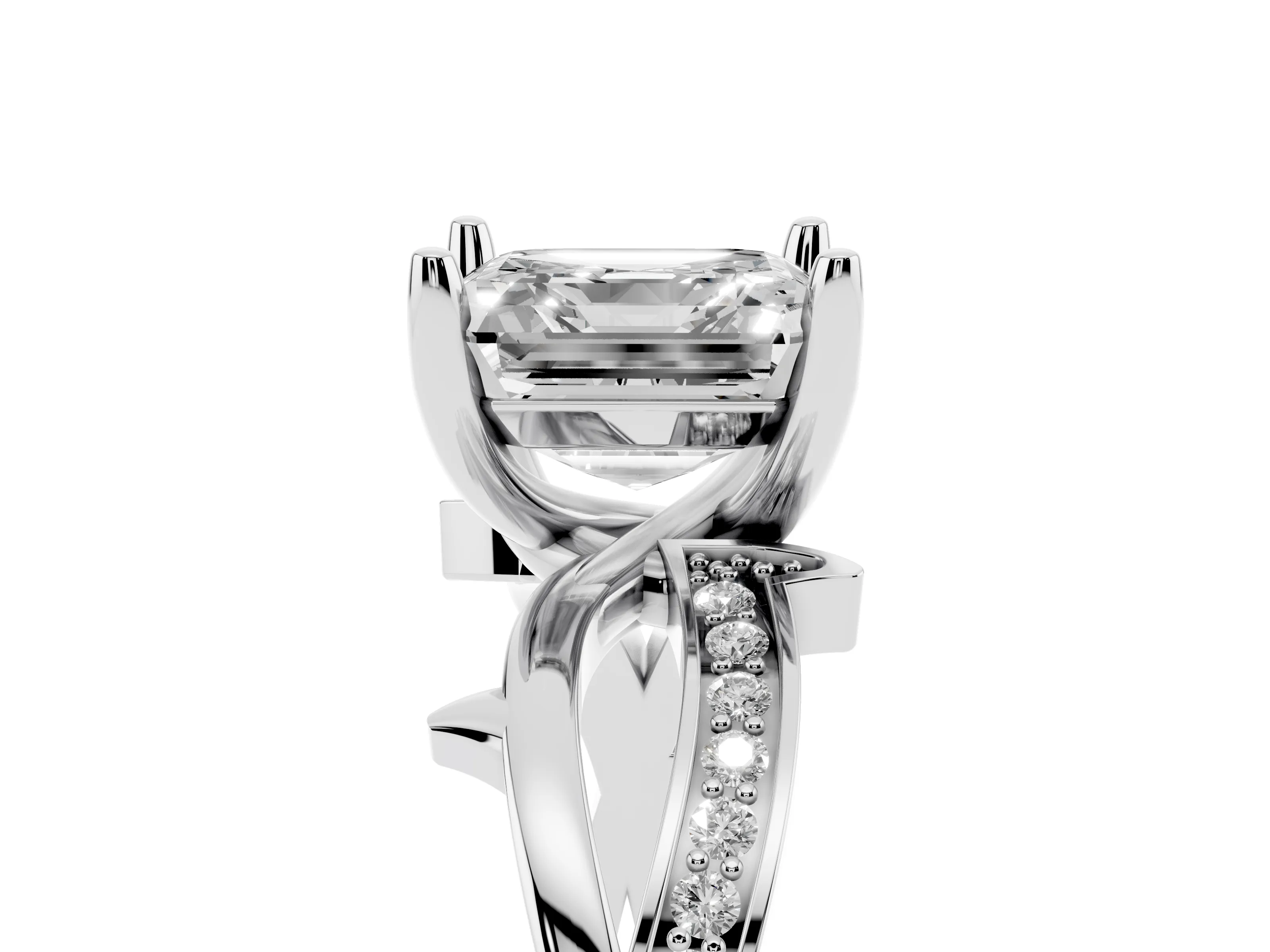 Asscher Cut Diamond Pavé Twist Band Solitaire Ring Set in White gold with Prong Setting