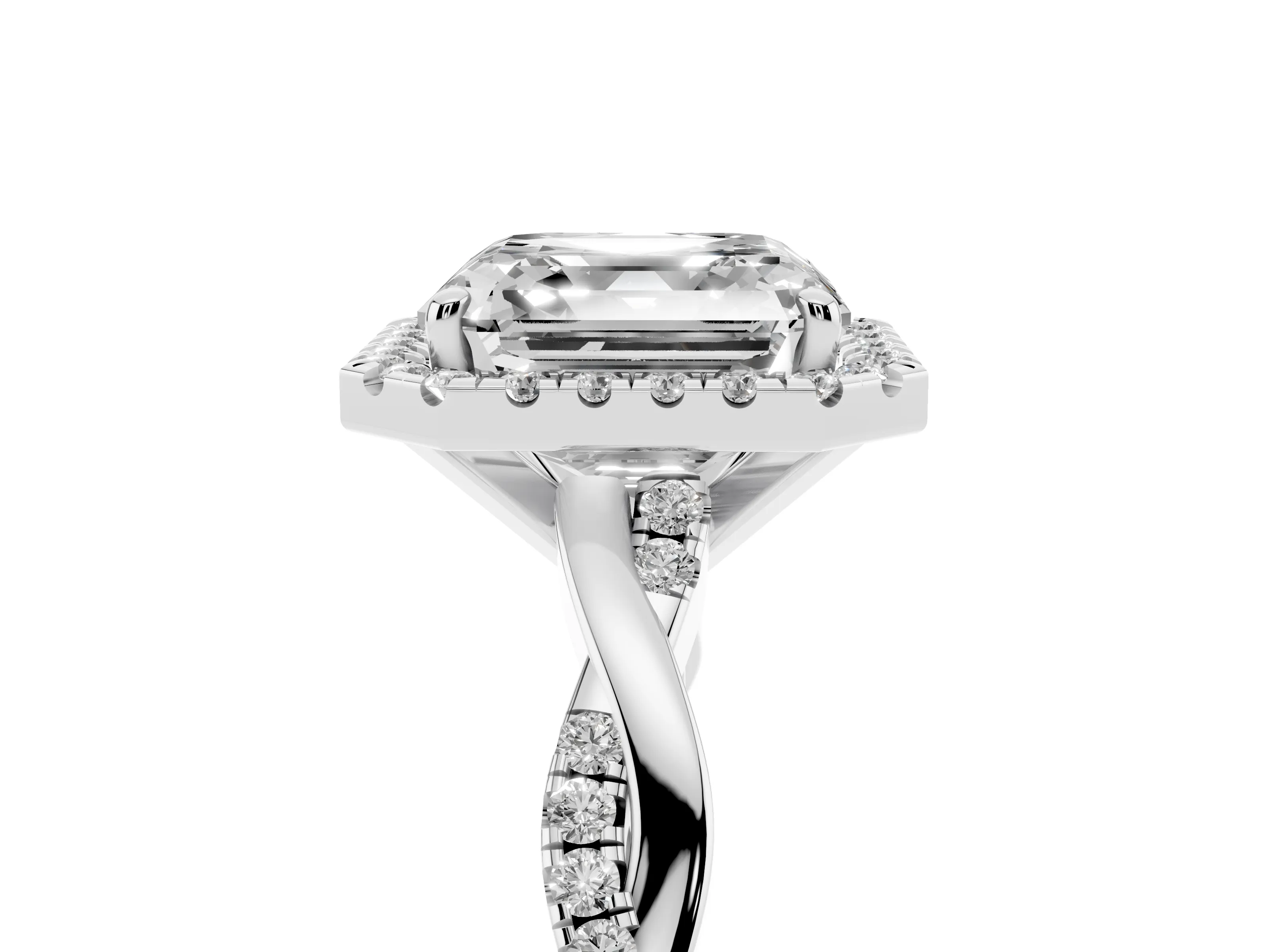 Asscher Cut Diamond Halo Twisted Band Ring Set in White gold with Prong Setting