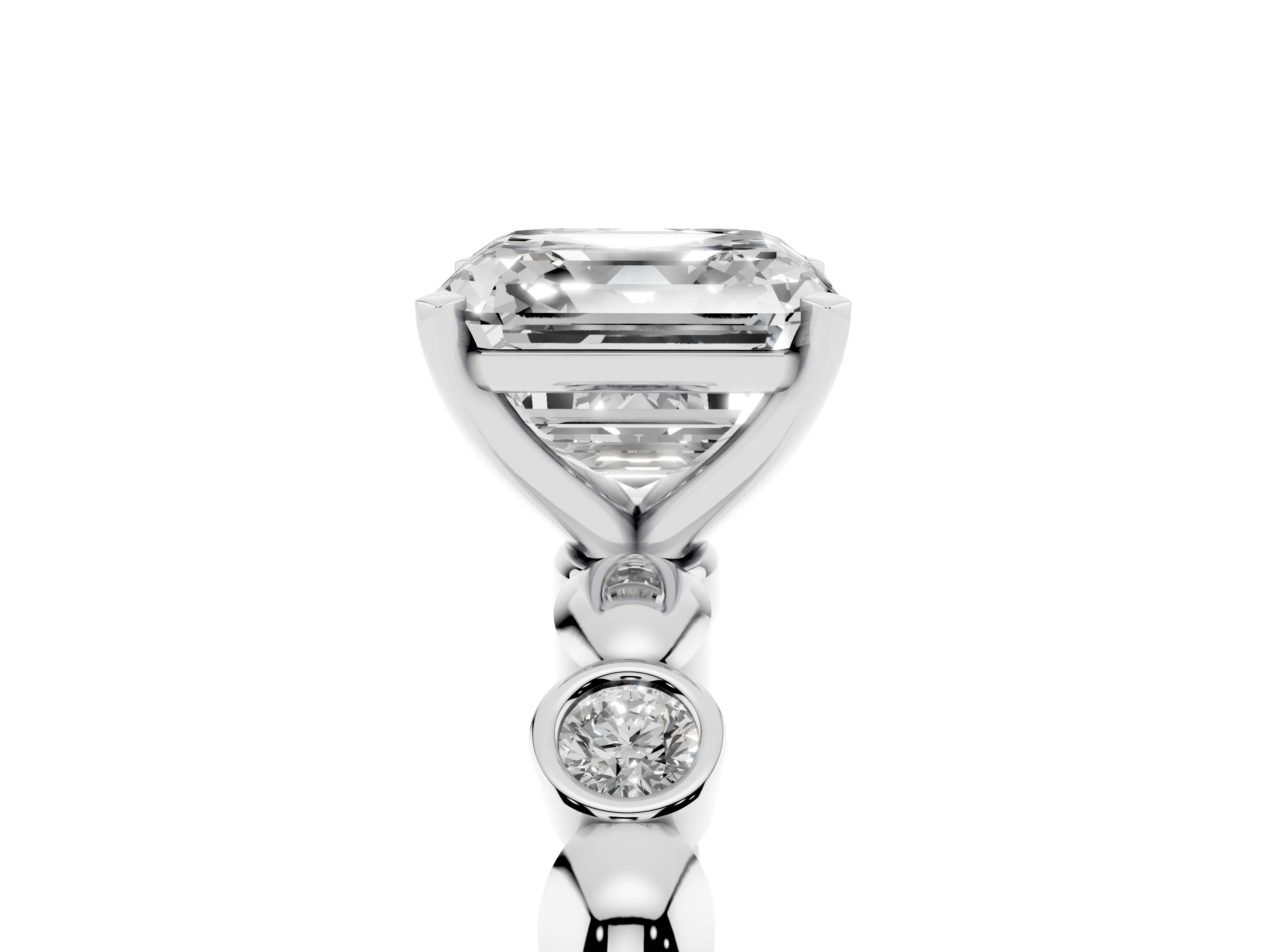 Asscher Cut Diamond Solitaire Ring Set in Silver with Bezel-Set Accents on Beaded Band and Prong Setting