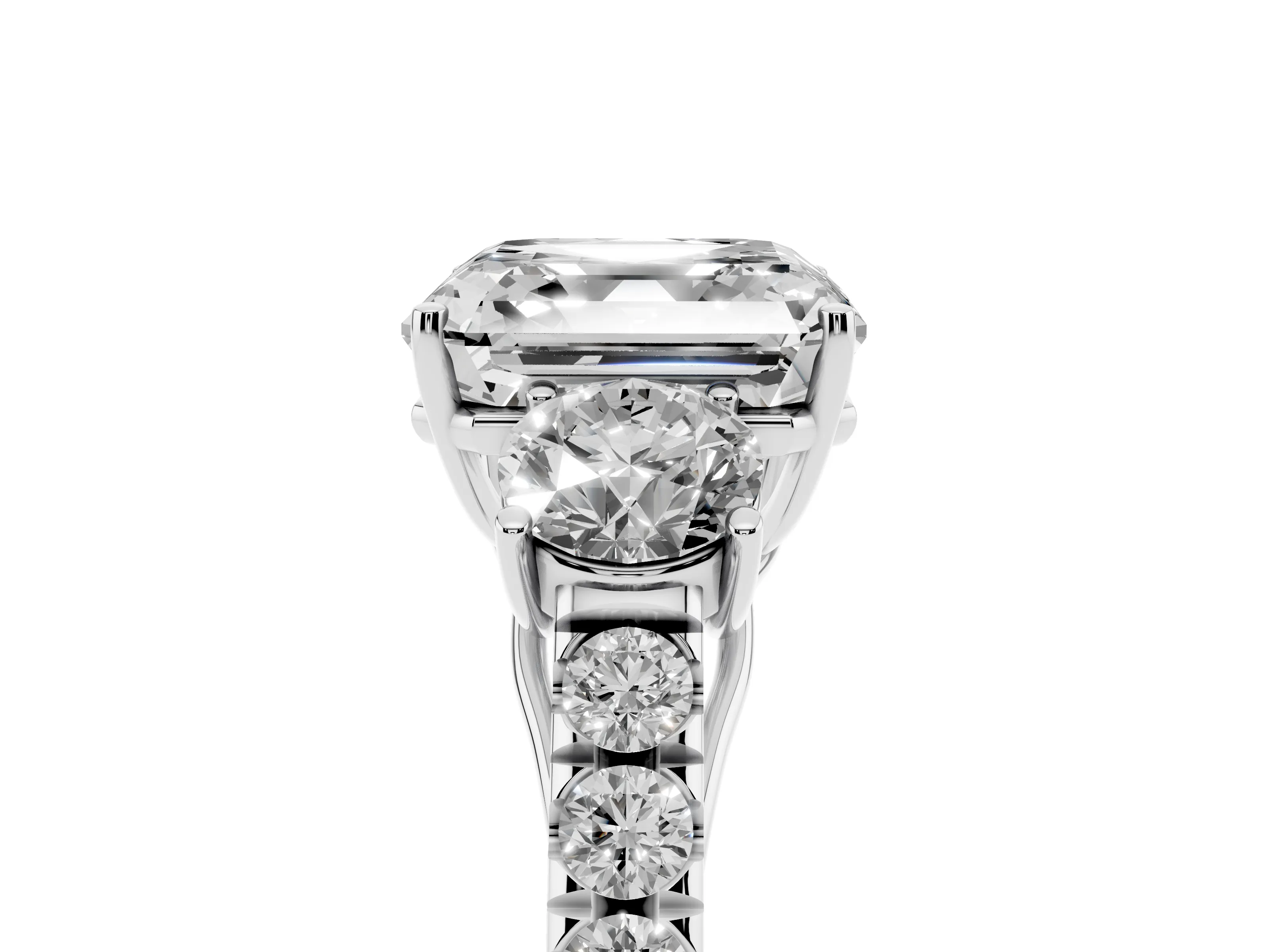 Asscher Cut Diamond Three-Stone Ring Set in White gold with Round Side Stones and Delicate Pavé Band