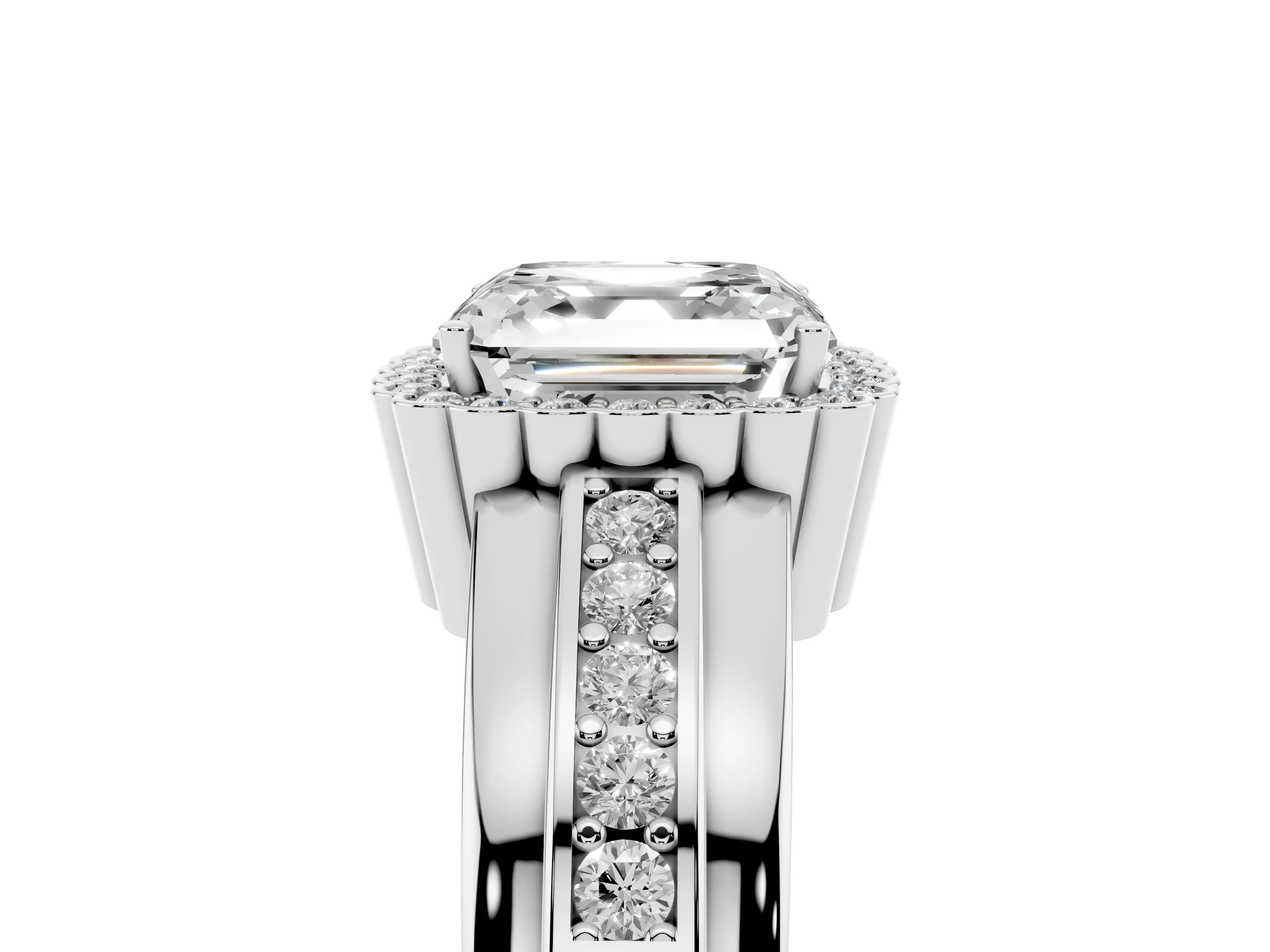 Asscher Cut Diamond Halo Prong Ring Set in Platinum with Pavé Band
