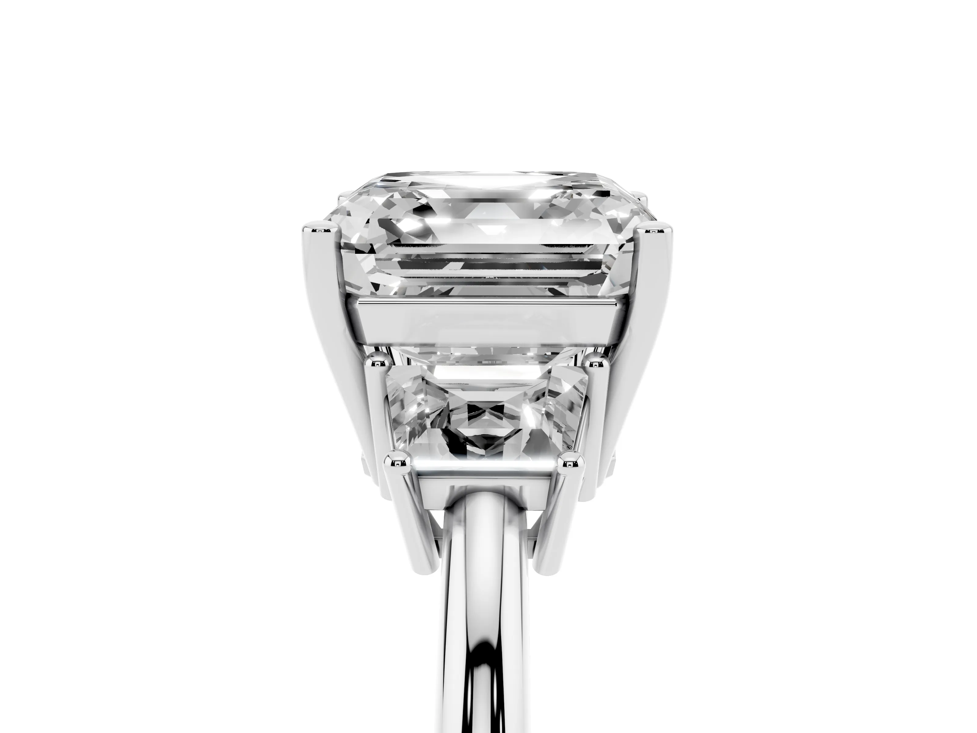 Asscher Cut Diamond Three-Stone Ring Set in White gold with Trapezoid Side Stones and Prong Setting