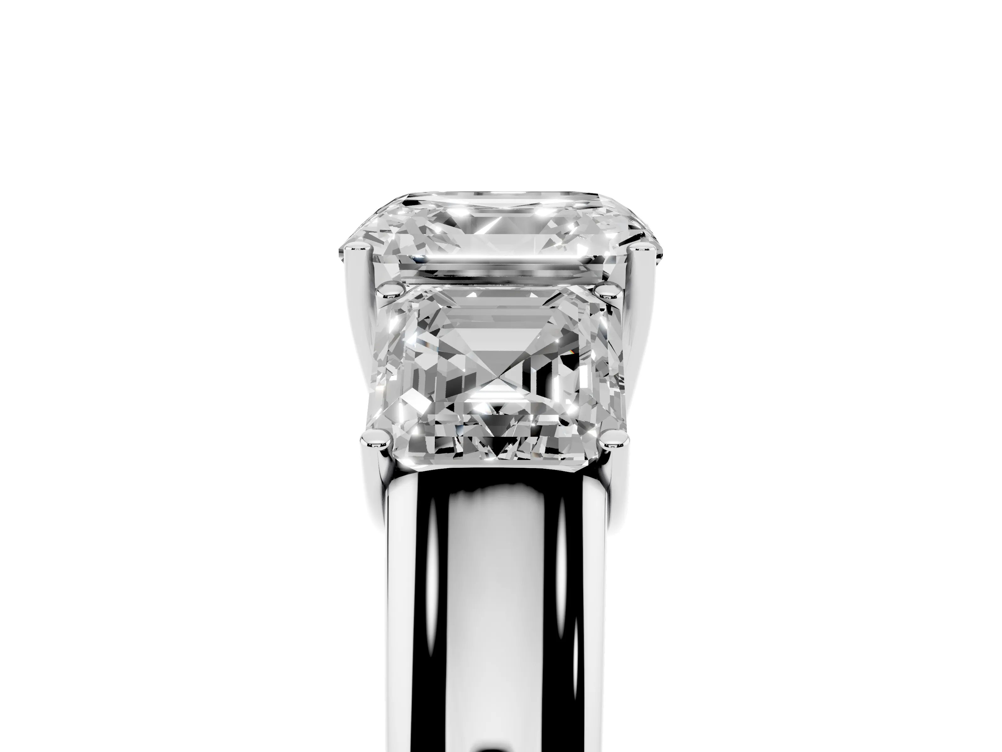 Three-Stone Asscher Cut Diamond Ring Set in White gold with Matching Prong Settings and Plain Band