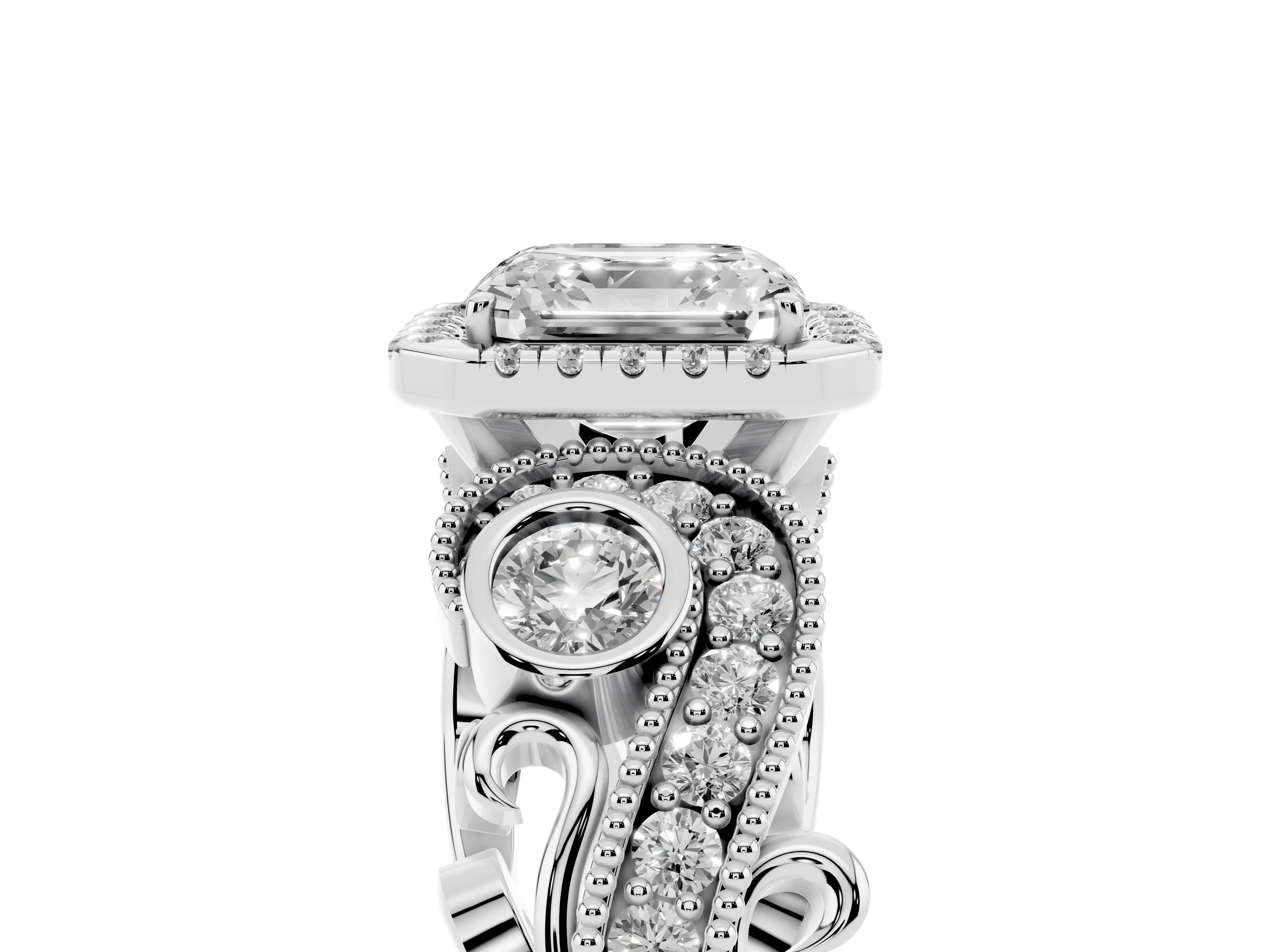 Asscher Cut Diamond Halo Ring Set in White gold with Milgrain Pavé Band and Prong Setting