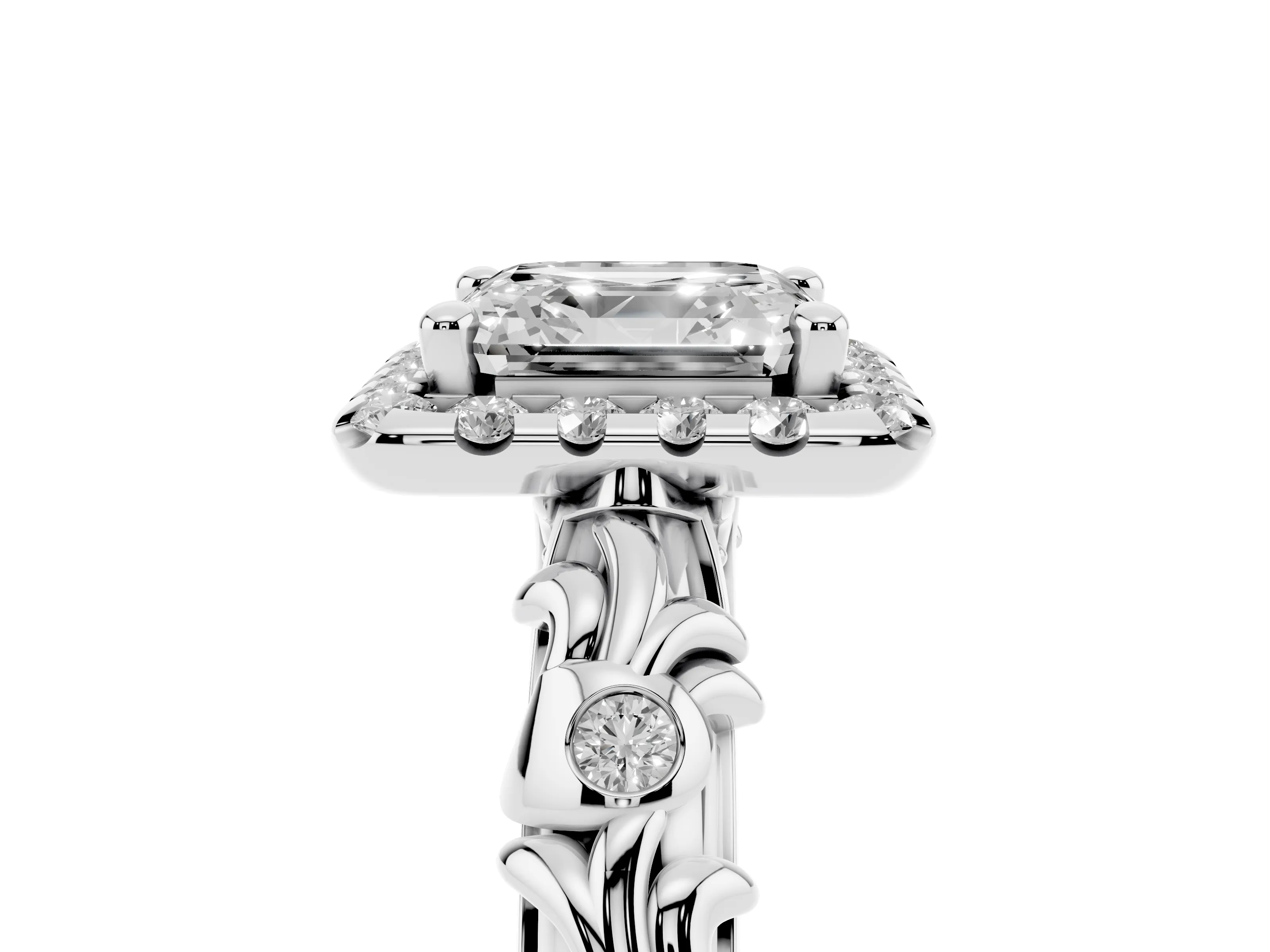 Asscher Cut Diamond Halo Ring Set in Silver with Filigree Leaf Band and Prong Setting