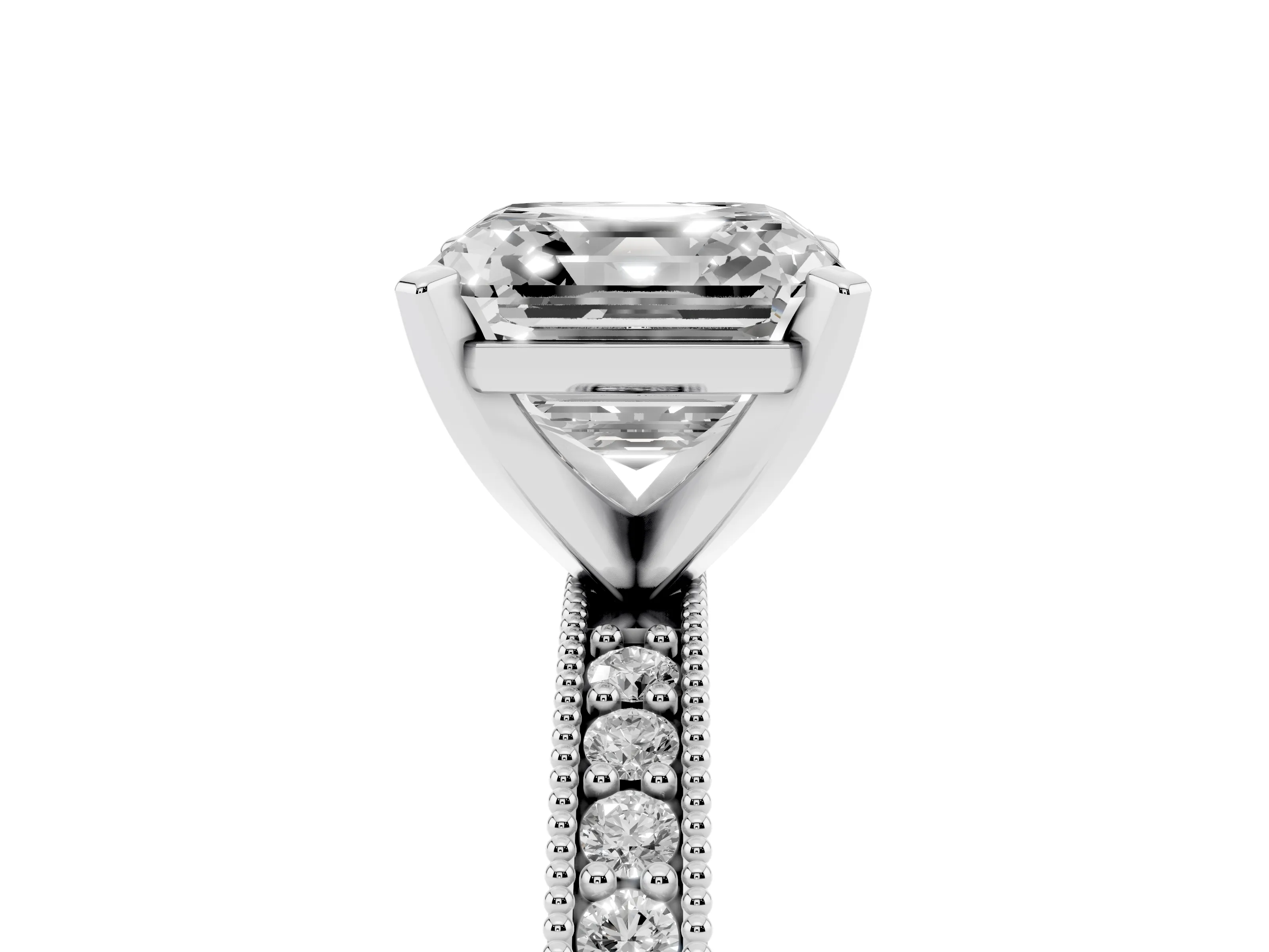Asscher Cut Diamond Milgrain Pavé Engagement Ring Set in Silver with Prong Setting