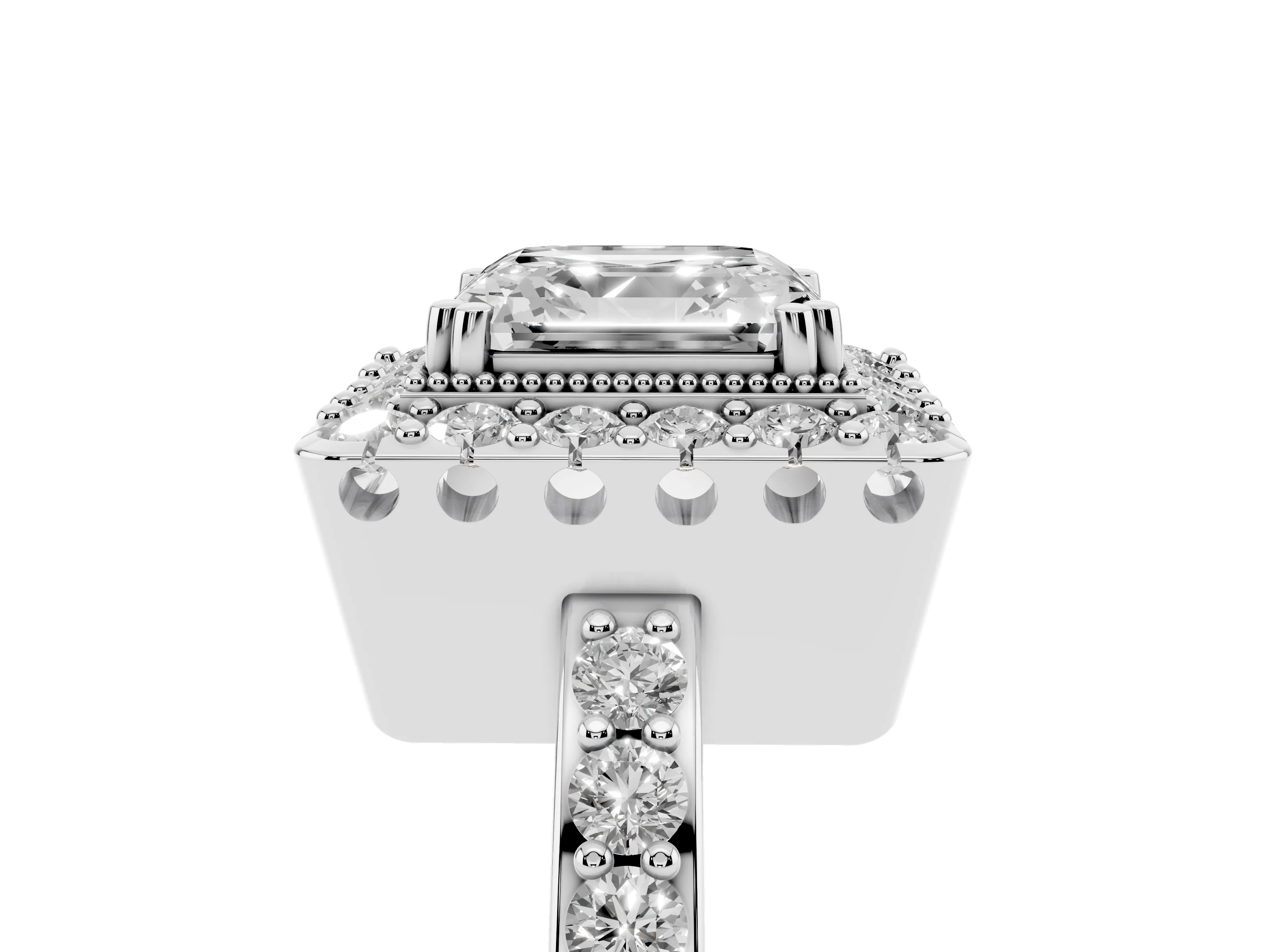 Asscher Cut Diamond Halo Ring Set in White gold with Pavé Shank and Prong Setting