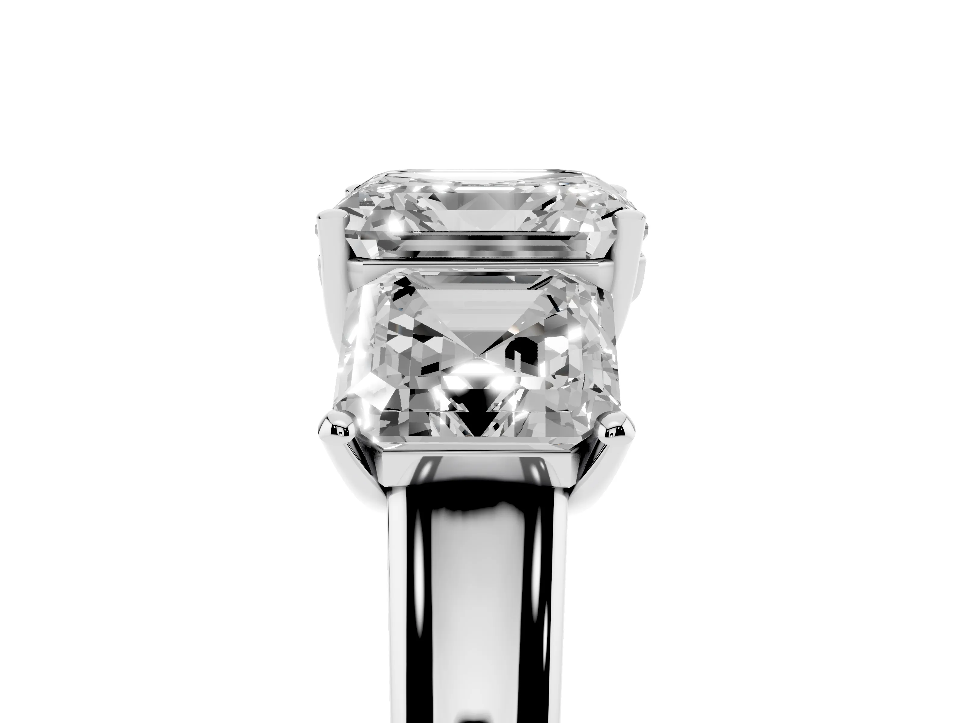 Asscher Cut Diamond Three-Stone Ring Set in Silver with Classic Prong Setting and Plain Band