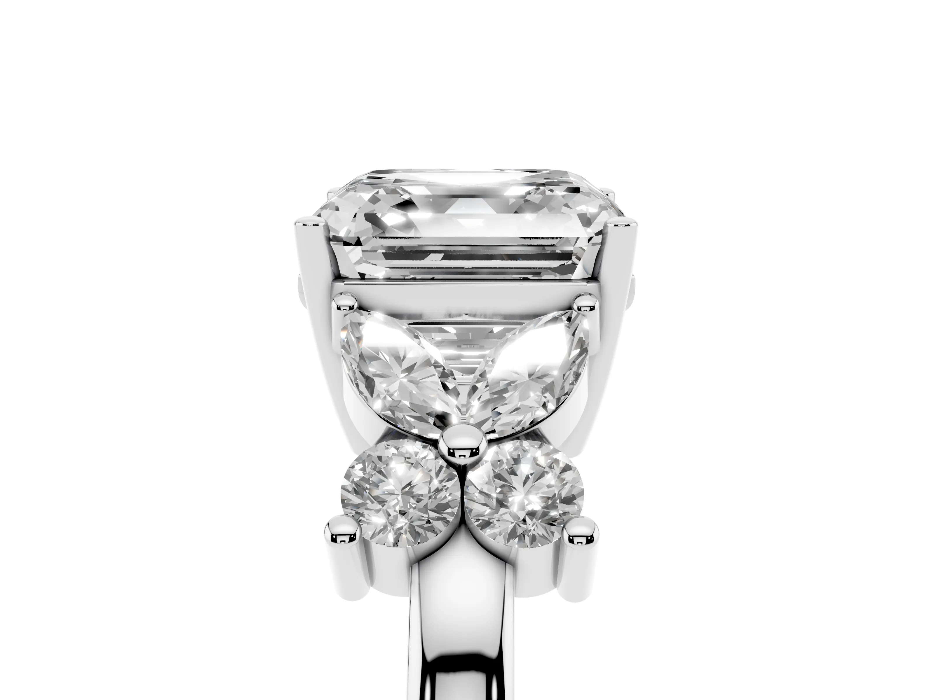 Asscher Cut Diamond Floral Cluster Ring Set in Silver with Marquise Petals and Prong Setting